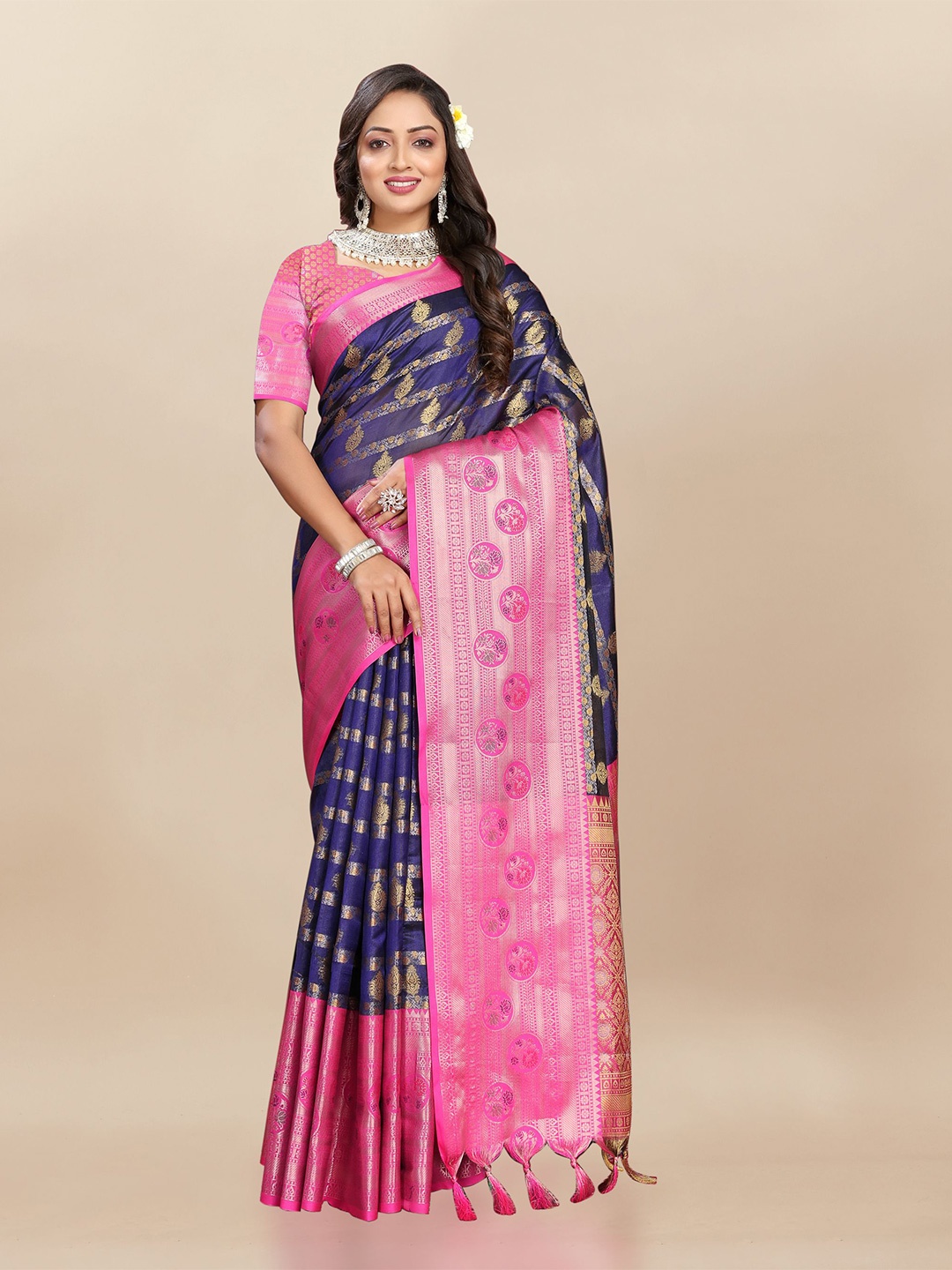 

bansari textiles Woven Design Zari Silk Cotton Banarasi Saree, Blue