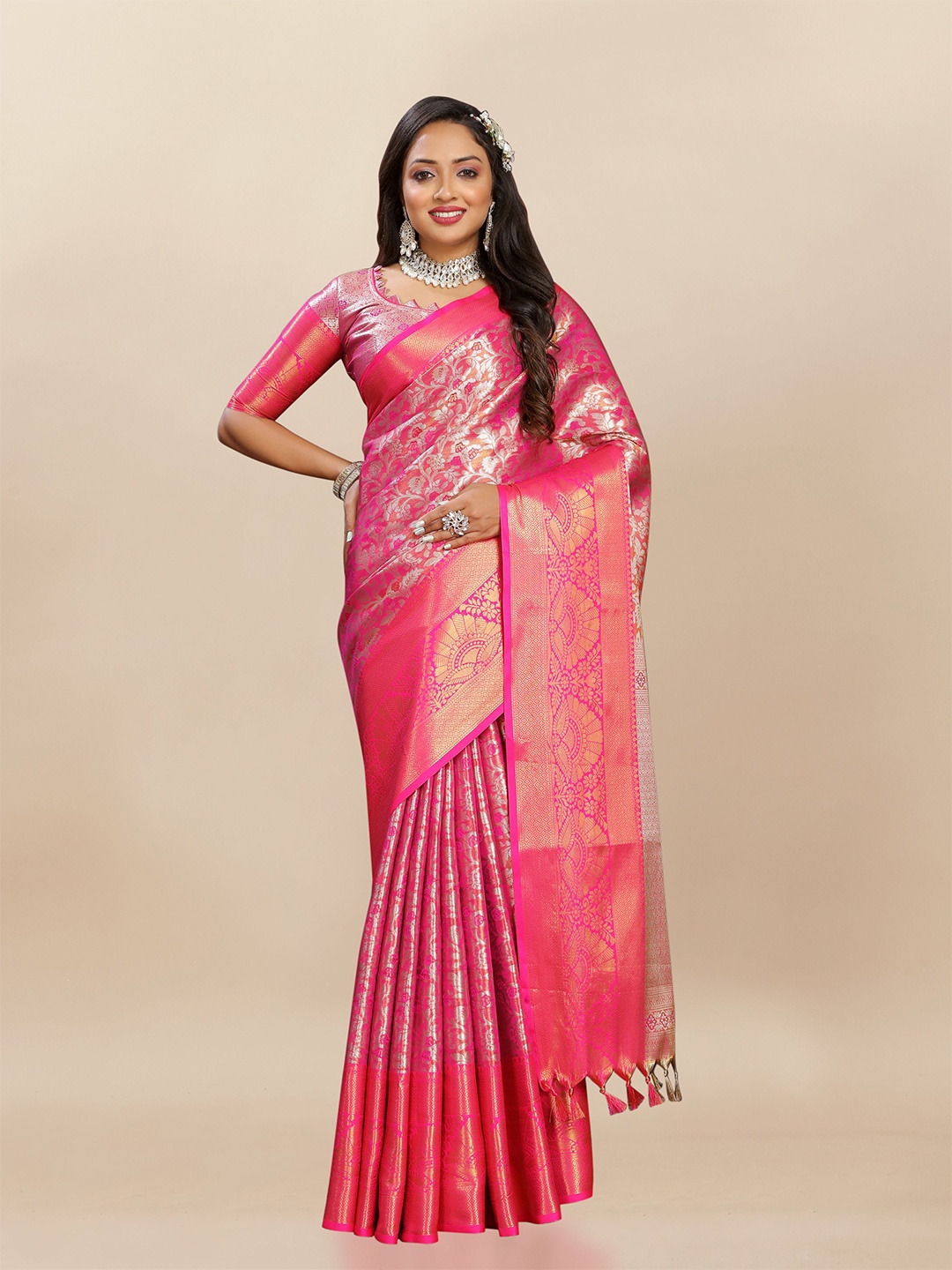 

bansari textiles Woven Design Zari Silk Cotton Banarasi Saree, Pink