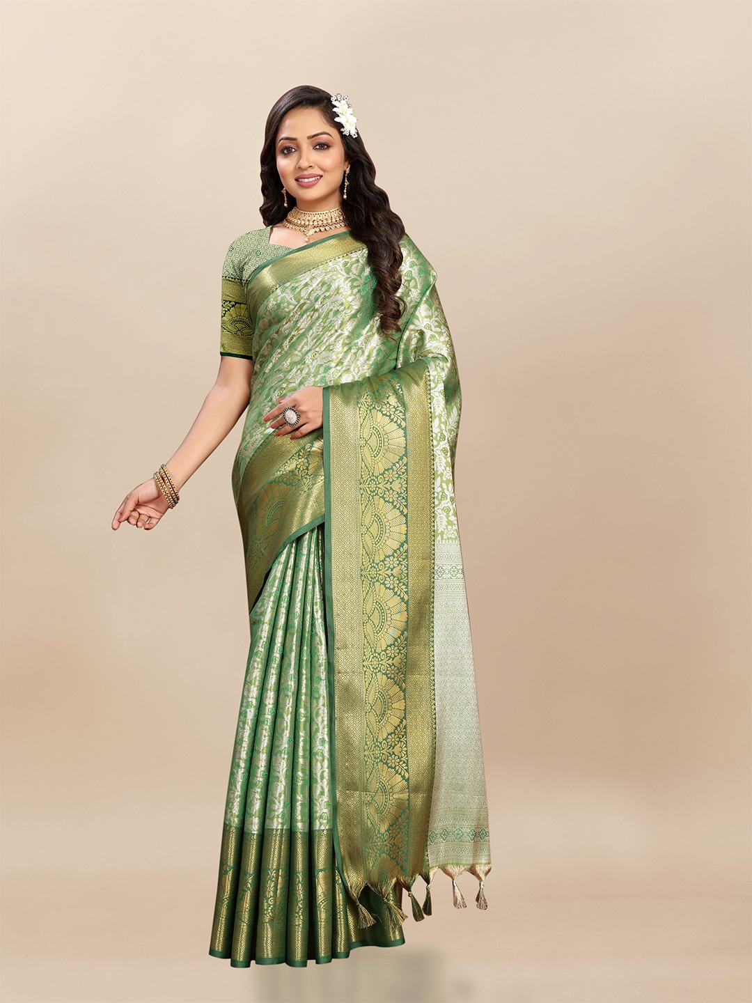 

bansari textiles Ethnic Motifs Woven Design Zari Silk Cotton Banarasi Saree, Green