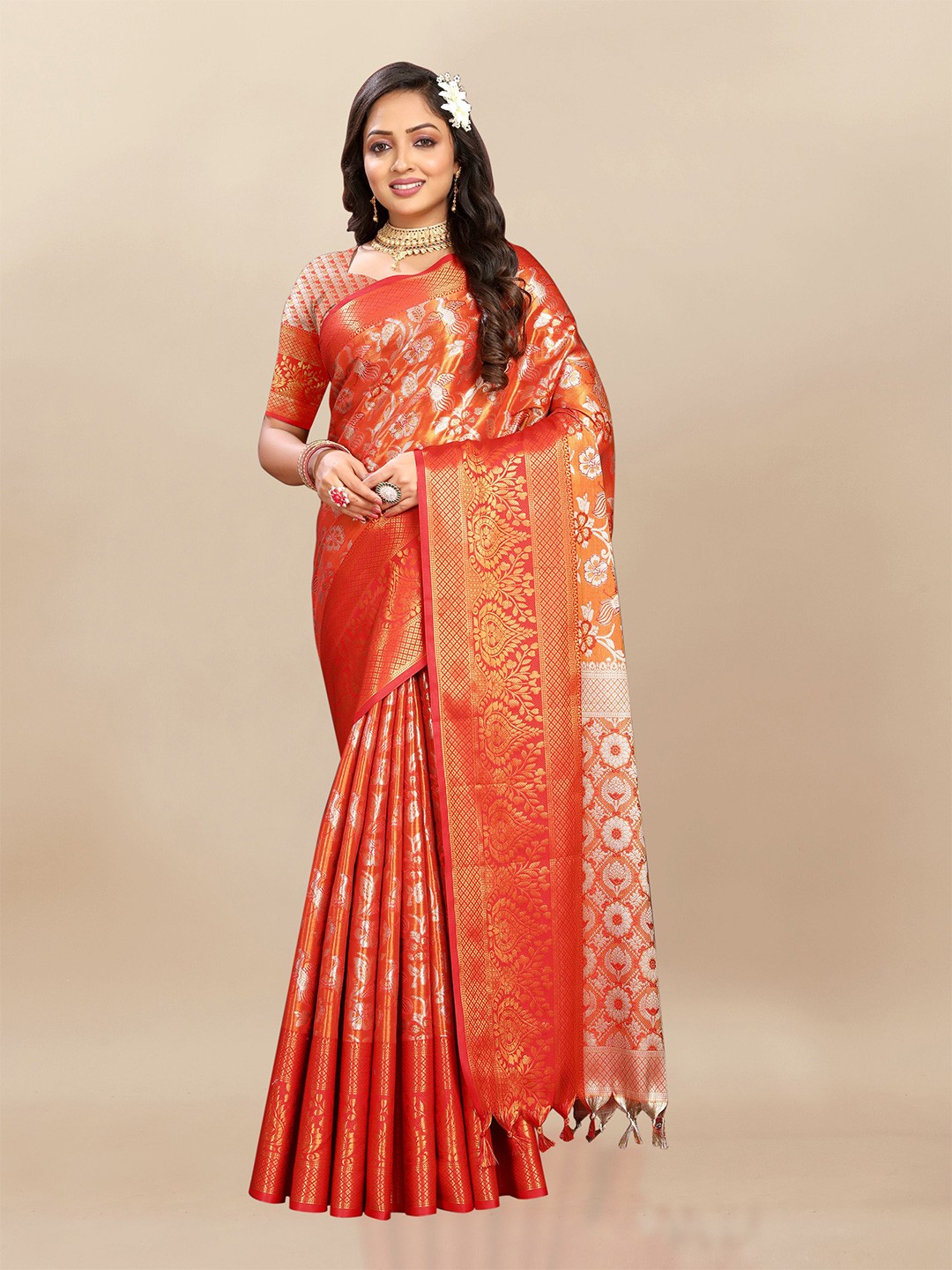 

bansari textiles Ethnic Motifs Woven Design Zari Silk Cotton Banarasi Saree, Red