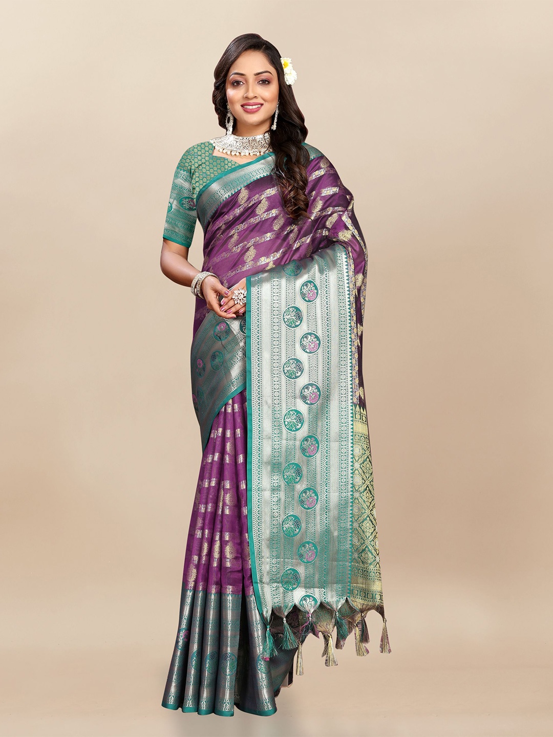 

bansari textiles Woven Design Zari Silk Cotton Banarasi Saree, Purple