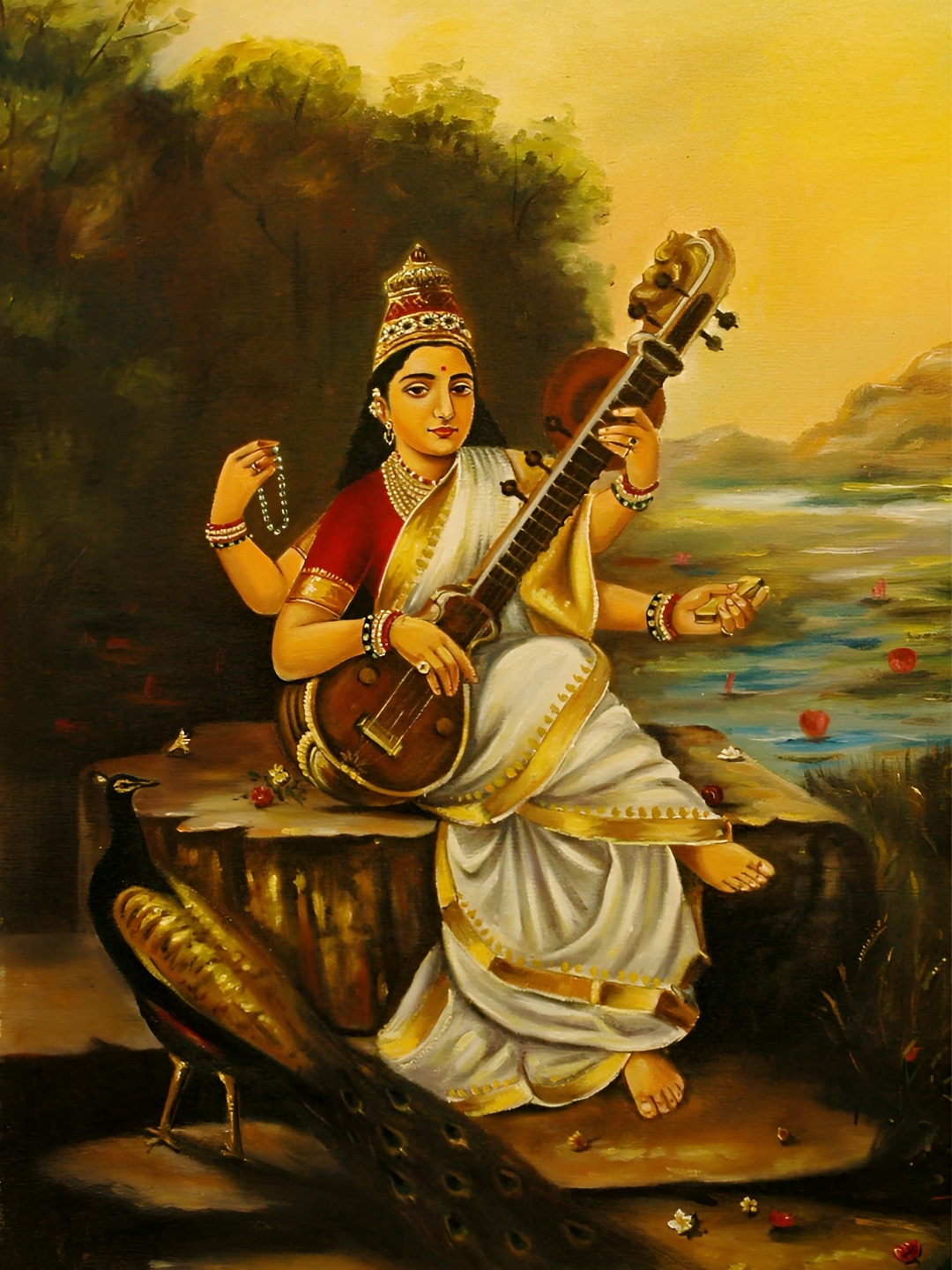 

Adventures India Beige & Green Goddess Saraswati Religious Wooden Painting Wall Art