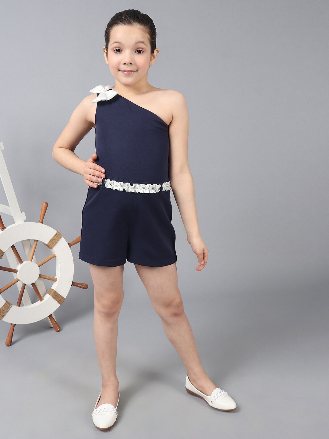 

One Friday Girls One Shoulder Bow Detailed Playsuit, Navy blue