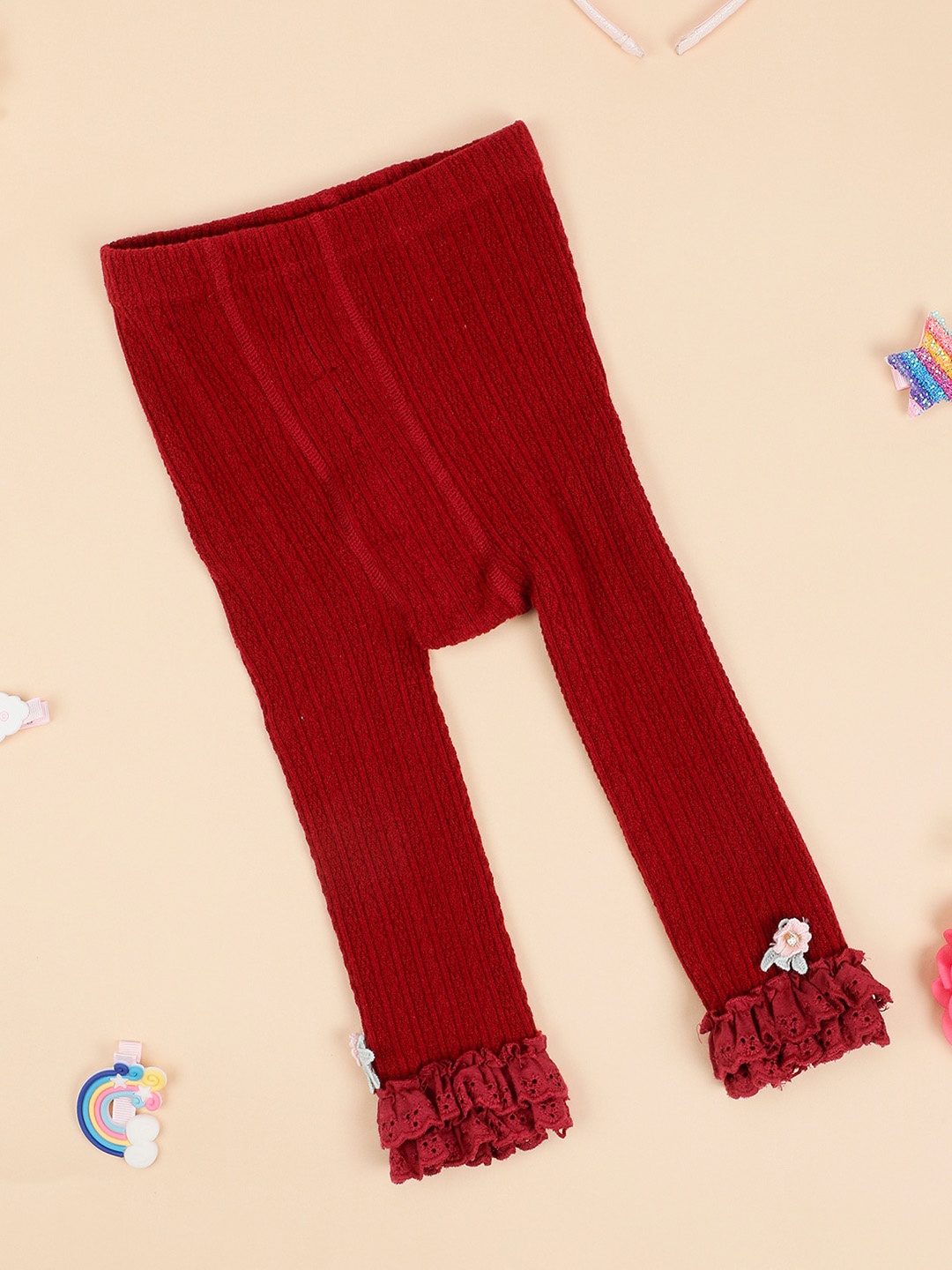 

One Friday Girls Striped Ankle Length Leggings, Burgundy
