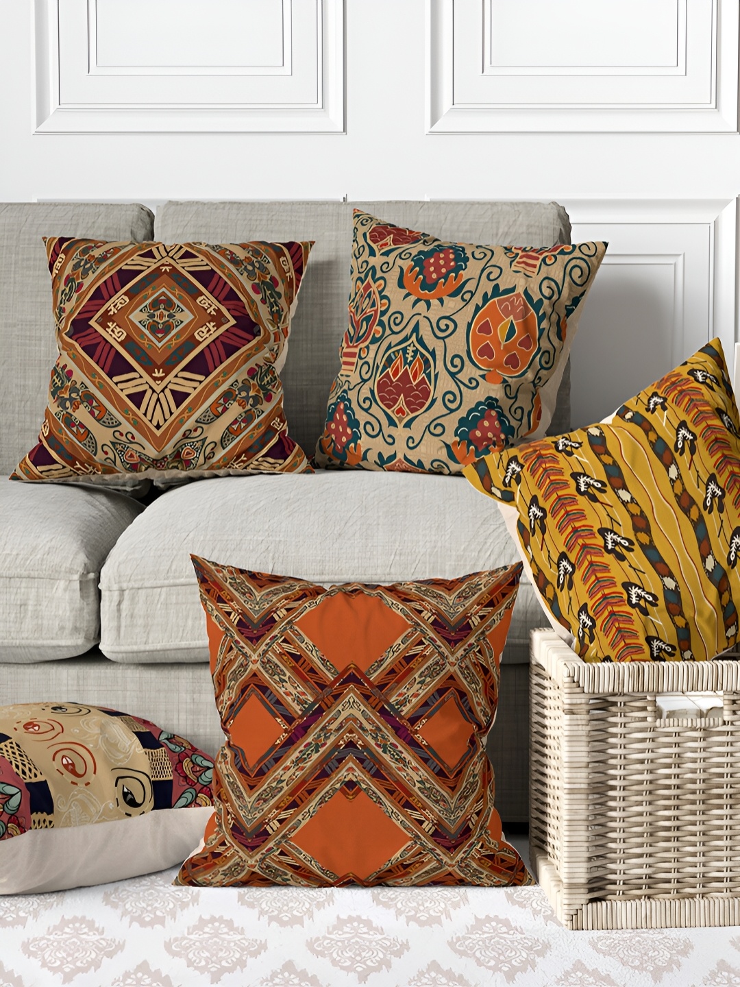 

Aura Orange & Beige 5 Pieces Digital Printed Square Cushion Covers