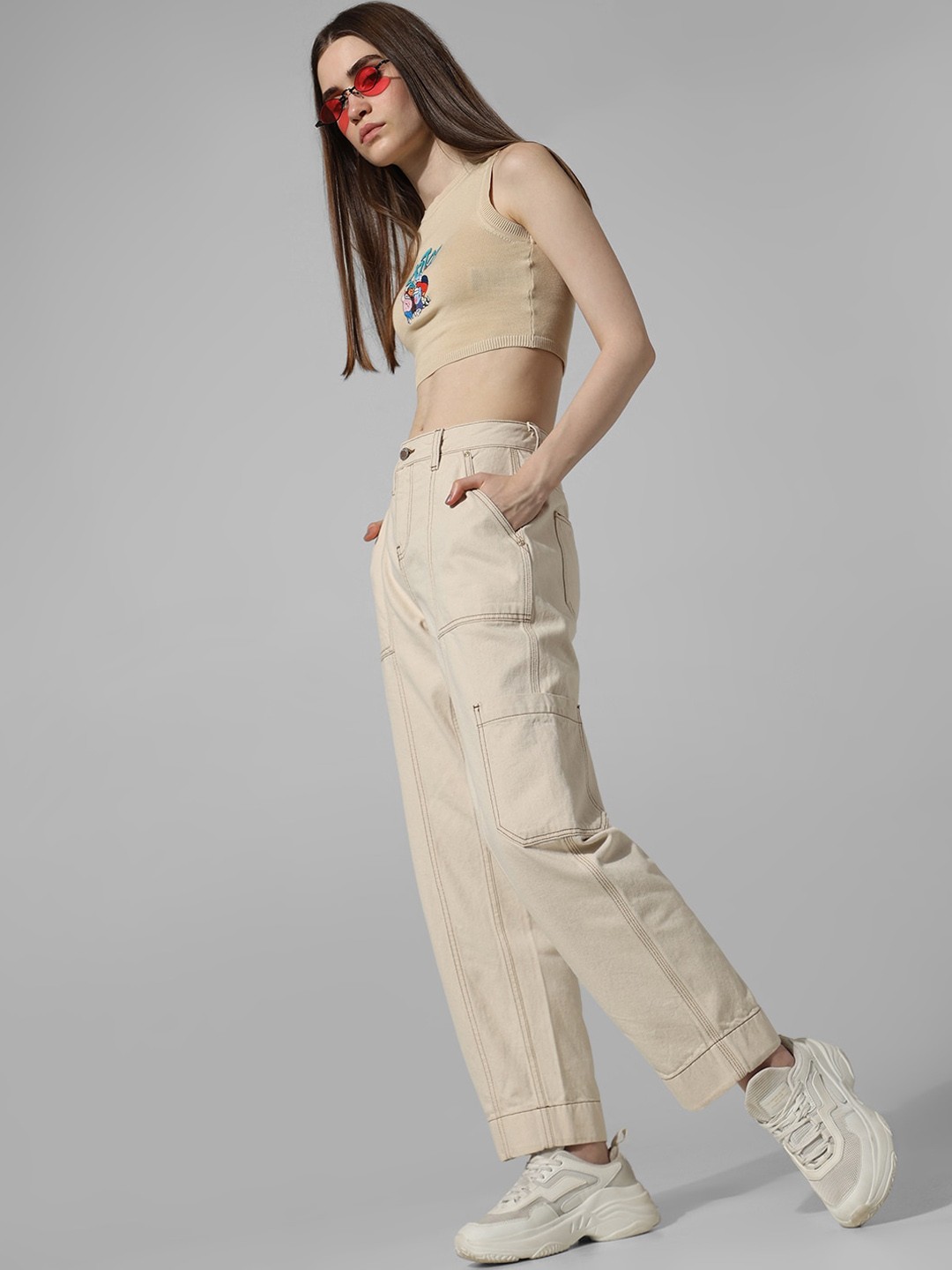 

ONLY Women Straight Fit High-Rise Cotton Jeans, Beige
