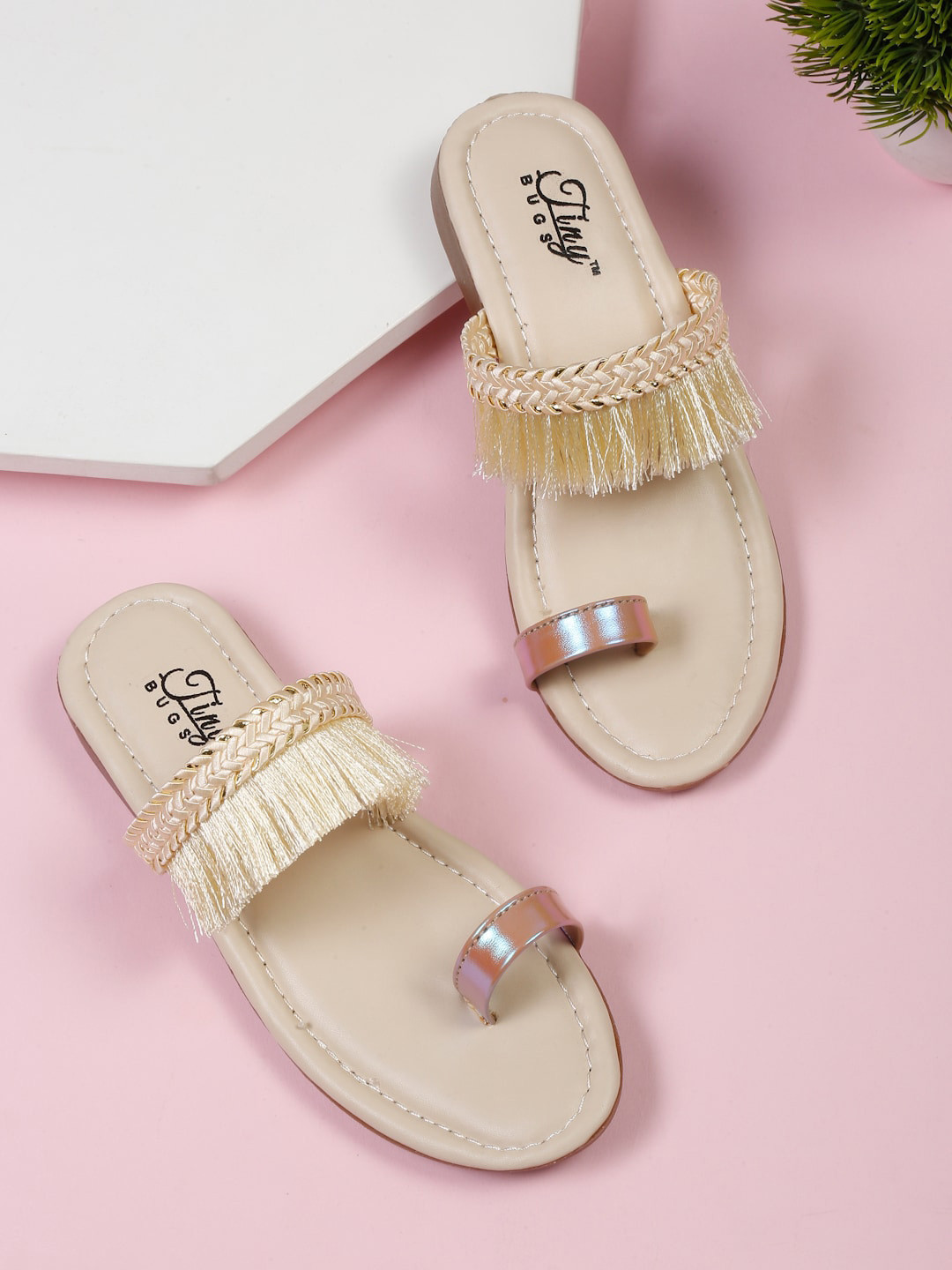 

Tiny Bugs Girls Ethnic Fringe Detailing One Toe Flats, Beige