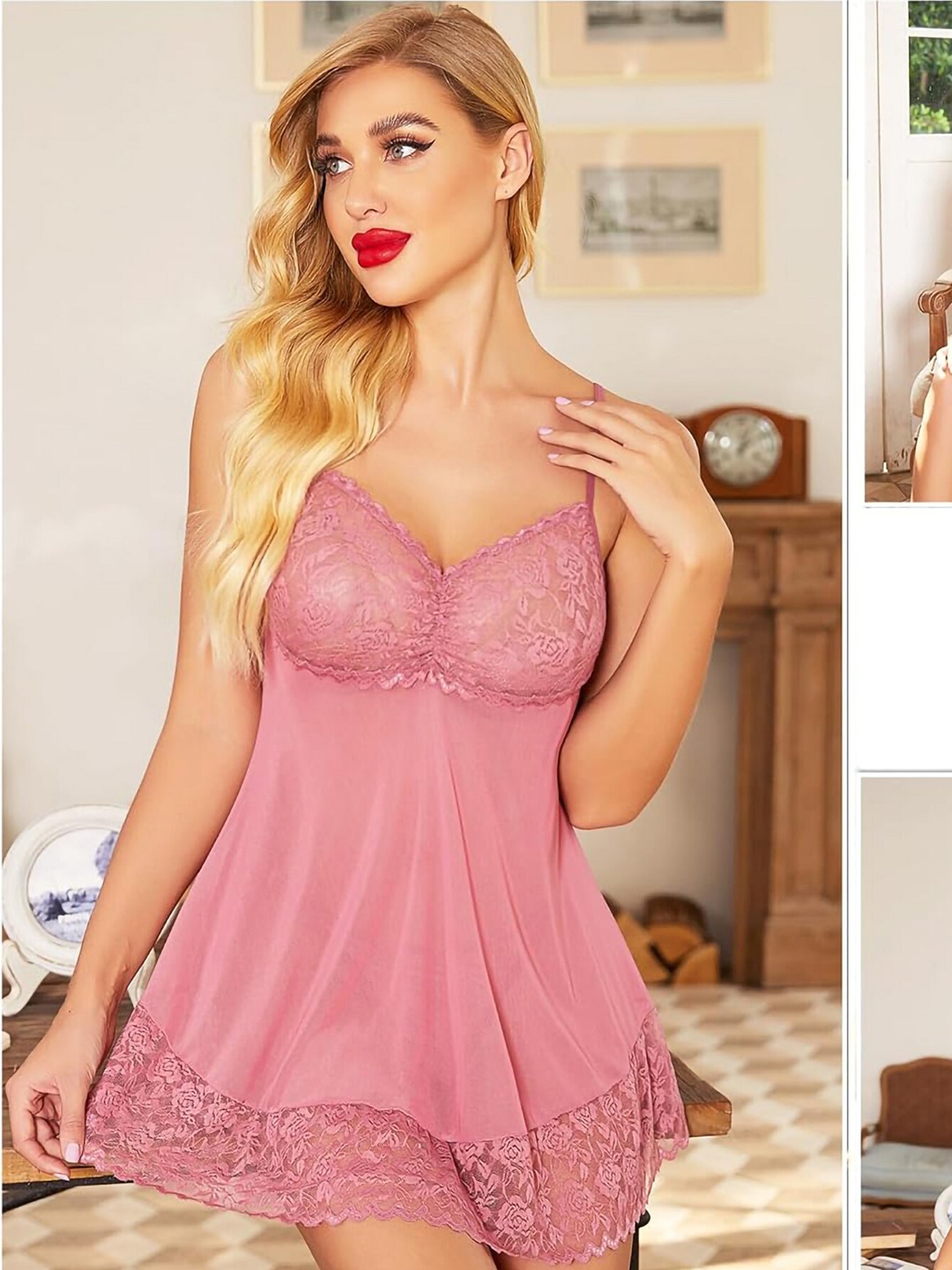 

Aamarsh Self Design Shoulder Straps Net Baby Doll, Pink