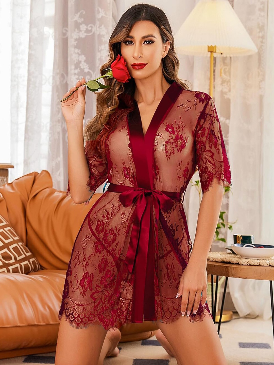 

Aamarsh Self Design Net Baby Doll With Brief, Maroon