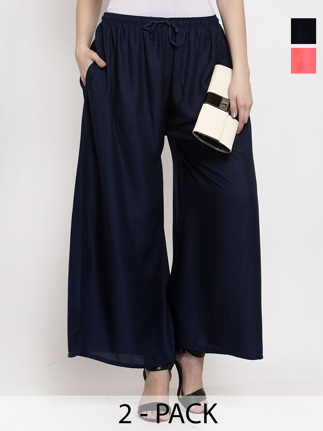 

Miaz Lifestyle Pack Of 2 Flared Knitted Palazzos, Navy blue