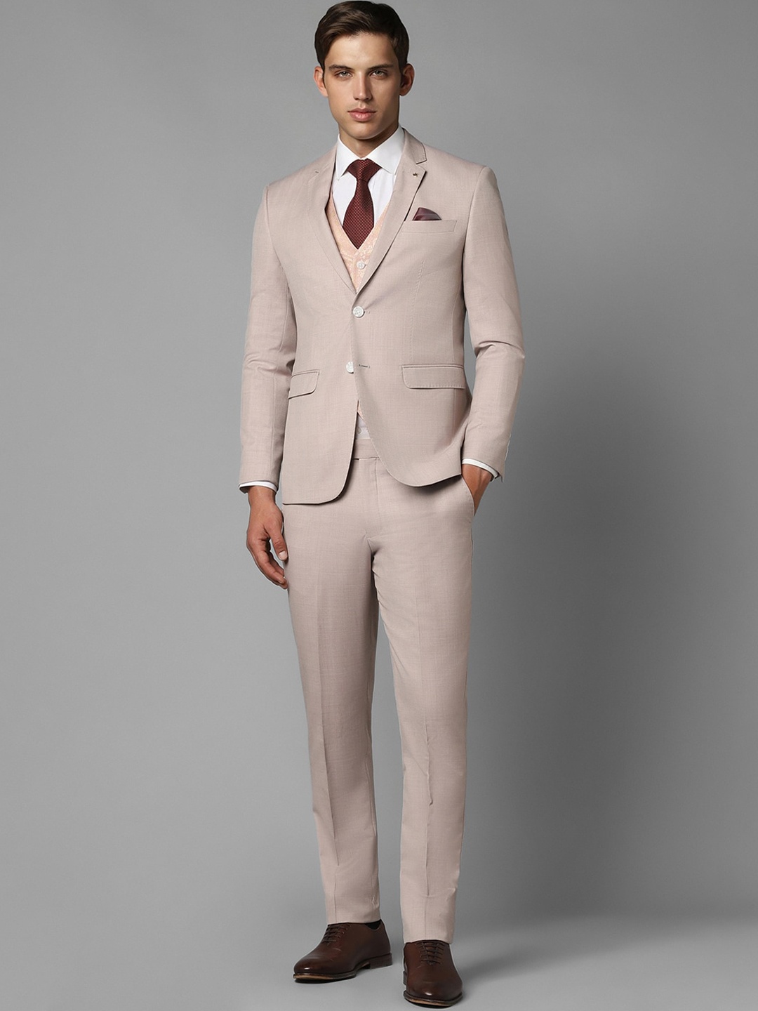 

Louis Philippe Slim-Fit Single-Breasted Three-Piece Formal Suit, Beige