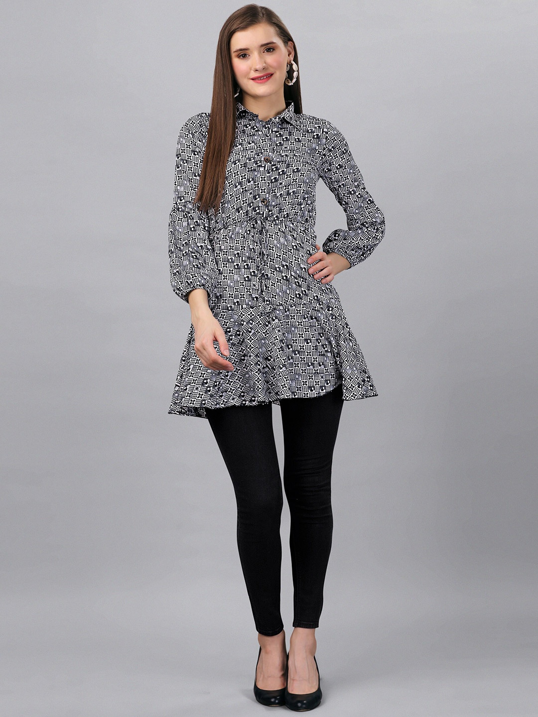 

BAESD Geometric Printed Shirt Collar Tunic, White