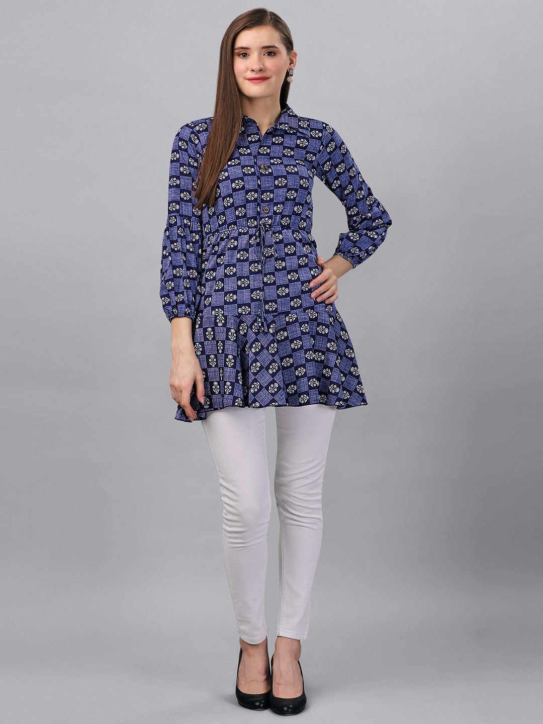 

BAESD Floral Printed Shirt Collar Tunic, Navy blue