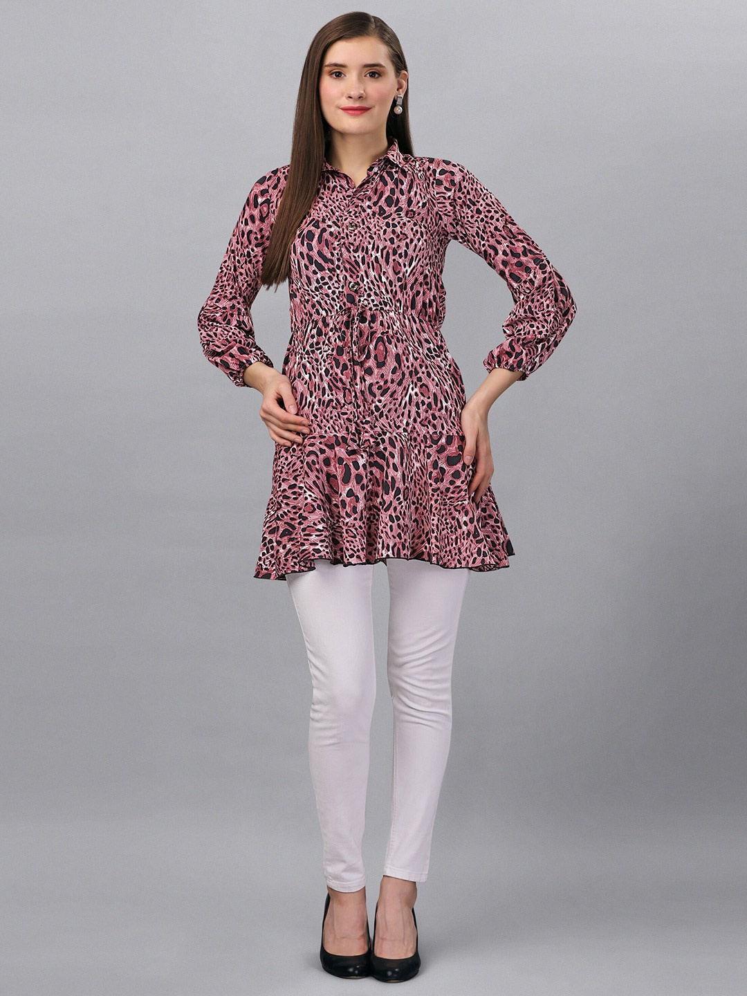 

BAESD Animal Skin Printed Shirt Collar Tunic, Pink