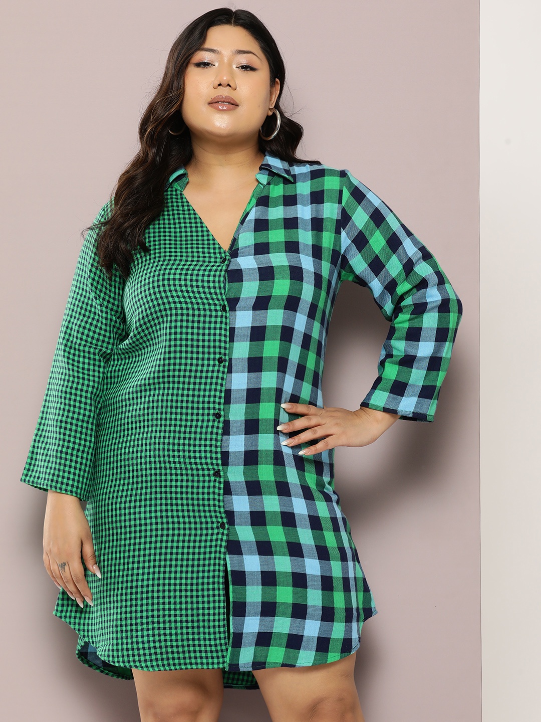 

Qurvii+ Plus Size Checked Shirt Dress, Green