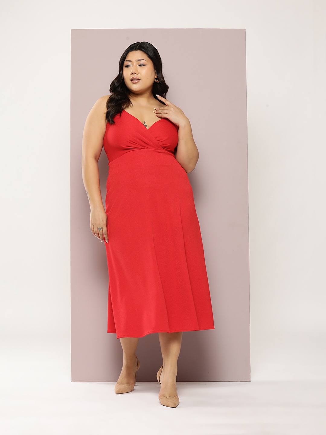 

Qurvii+ Plus Size Fit & Flare Midi Dress, Red