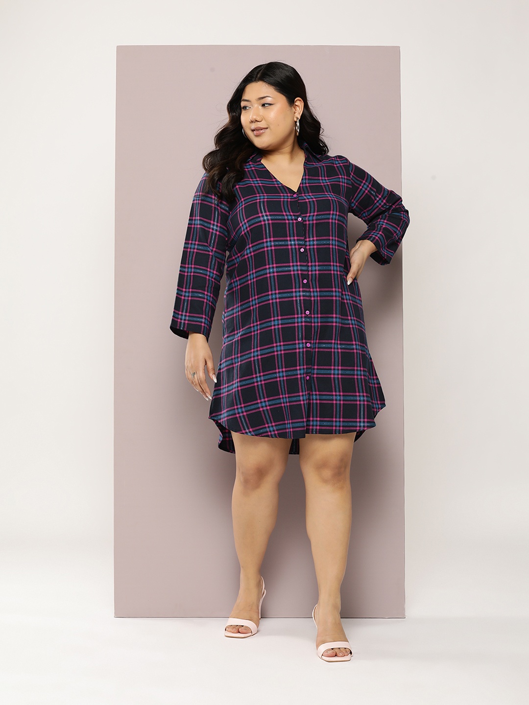 

Qurvii+ Plus Size Checked Shirt Dress, Navy blue