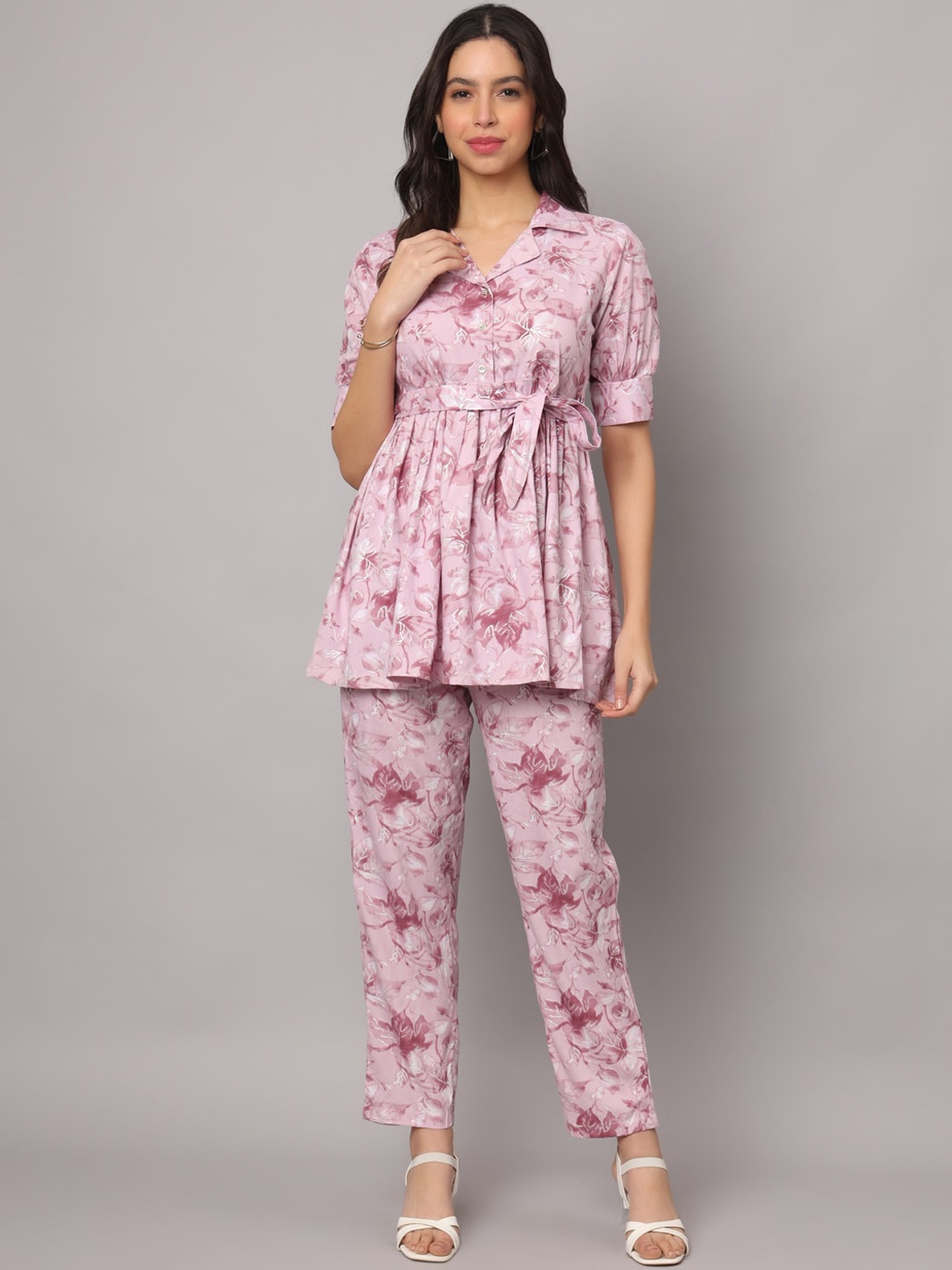 

Fusion Threads Floral Printed Flared Hemline Top & Trouser Co-Ord Set, Purple