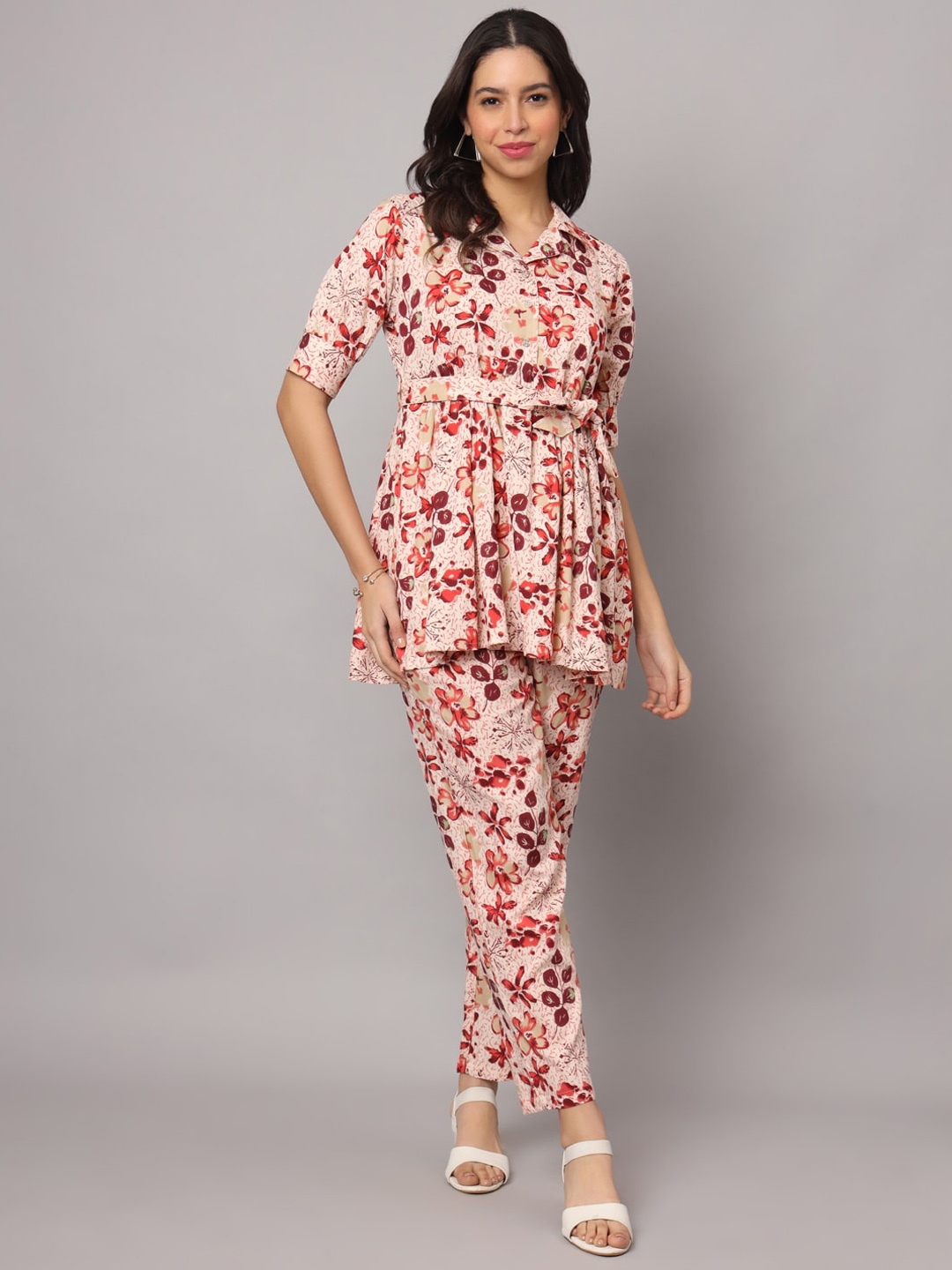 

Fusion Threads Floral Printed Top With Trouser, Red