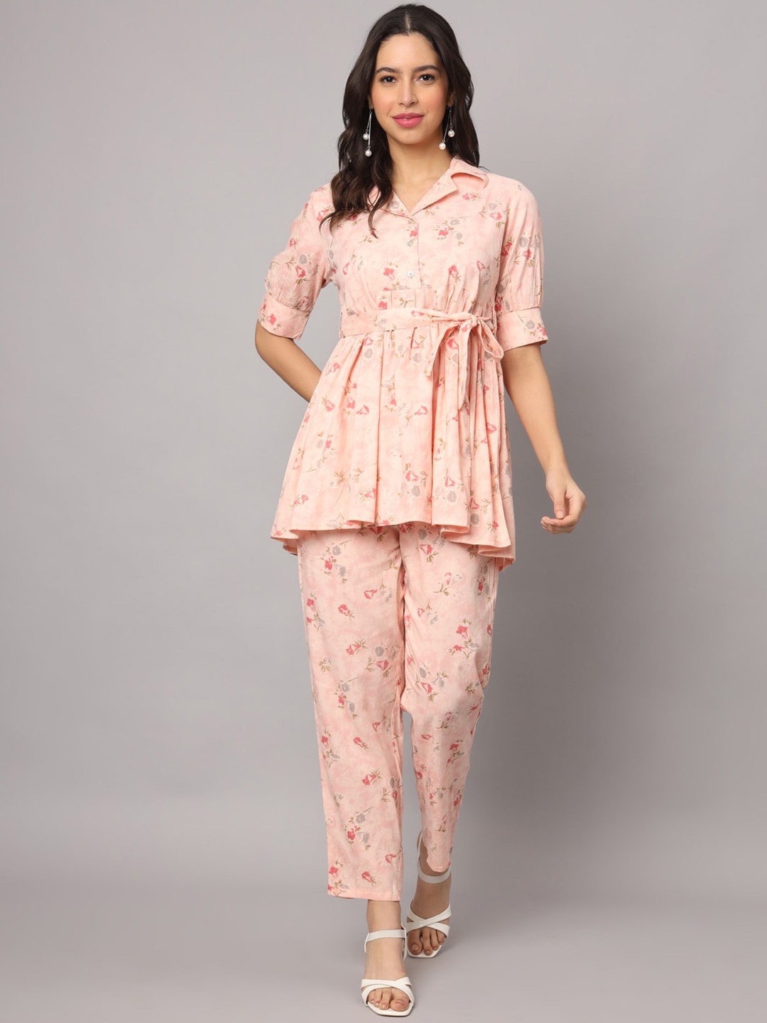 

Fusion Threads Floral Printed Top With Trouser, Peach