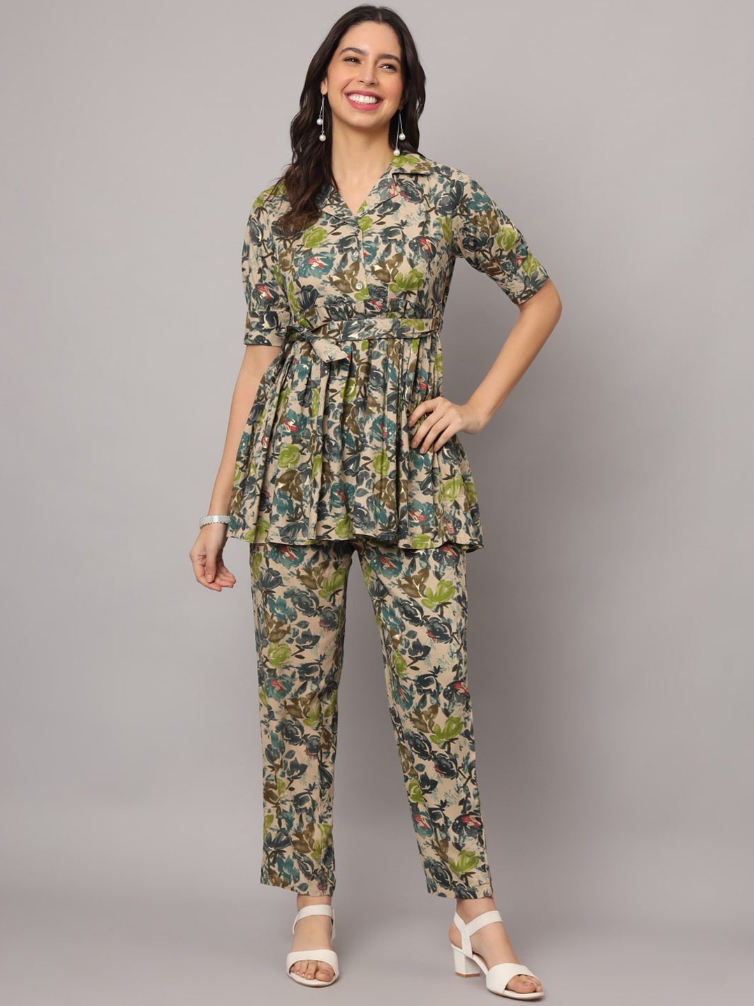 

Fusion Threads Floral Printed Top With Trouser, Beige