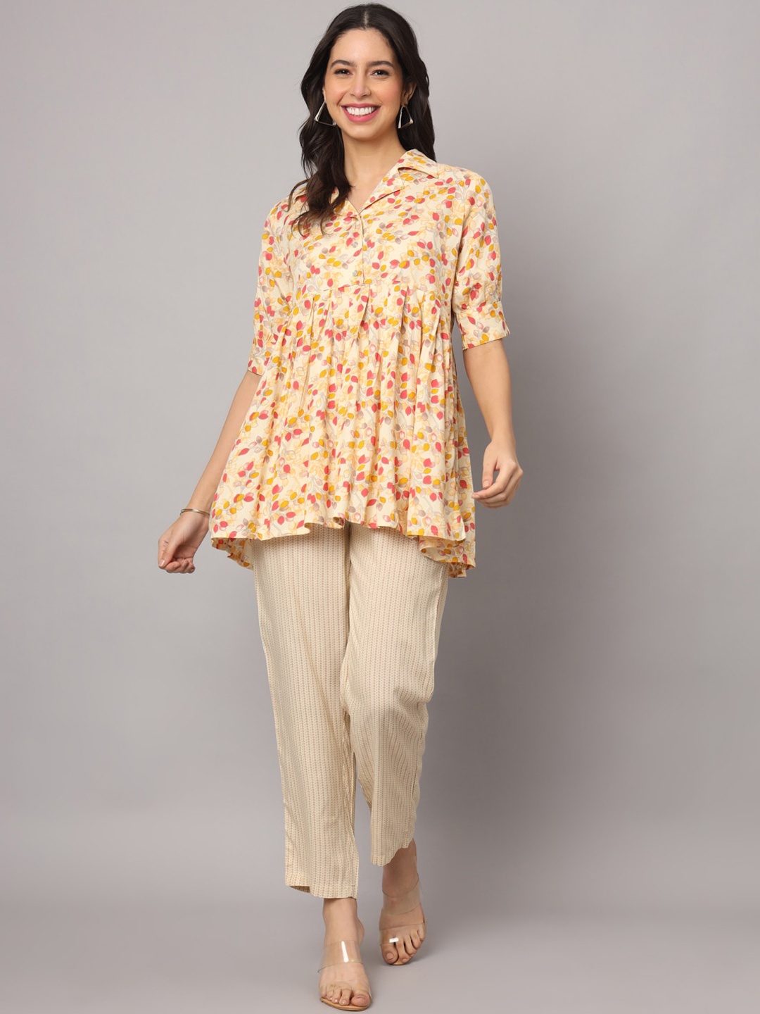 

Fusion Threads Floral Printed Top With Trouser, Yellow