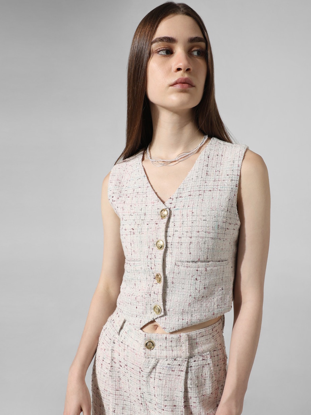 

ONLY Self Design V-Neck Pure Cotton Waistcoat, Cream