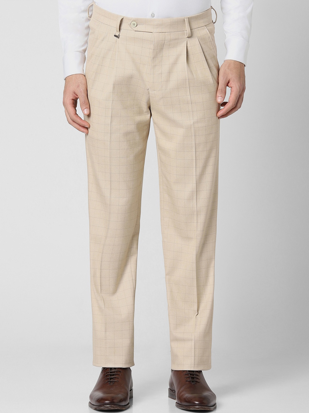 

Van Heusen Men Checked Pleated Formal Trousers, Beige