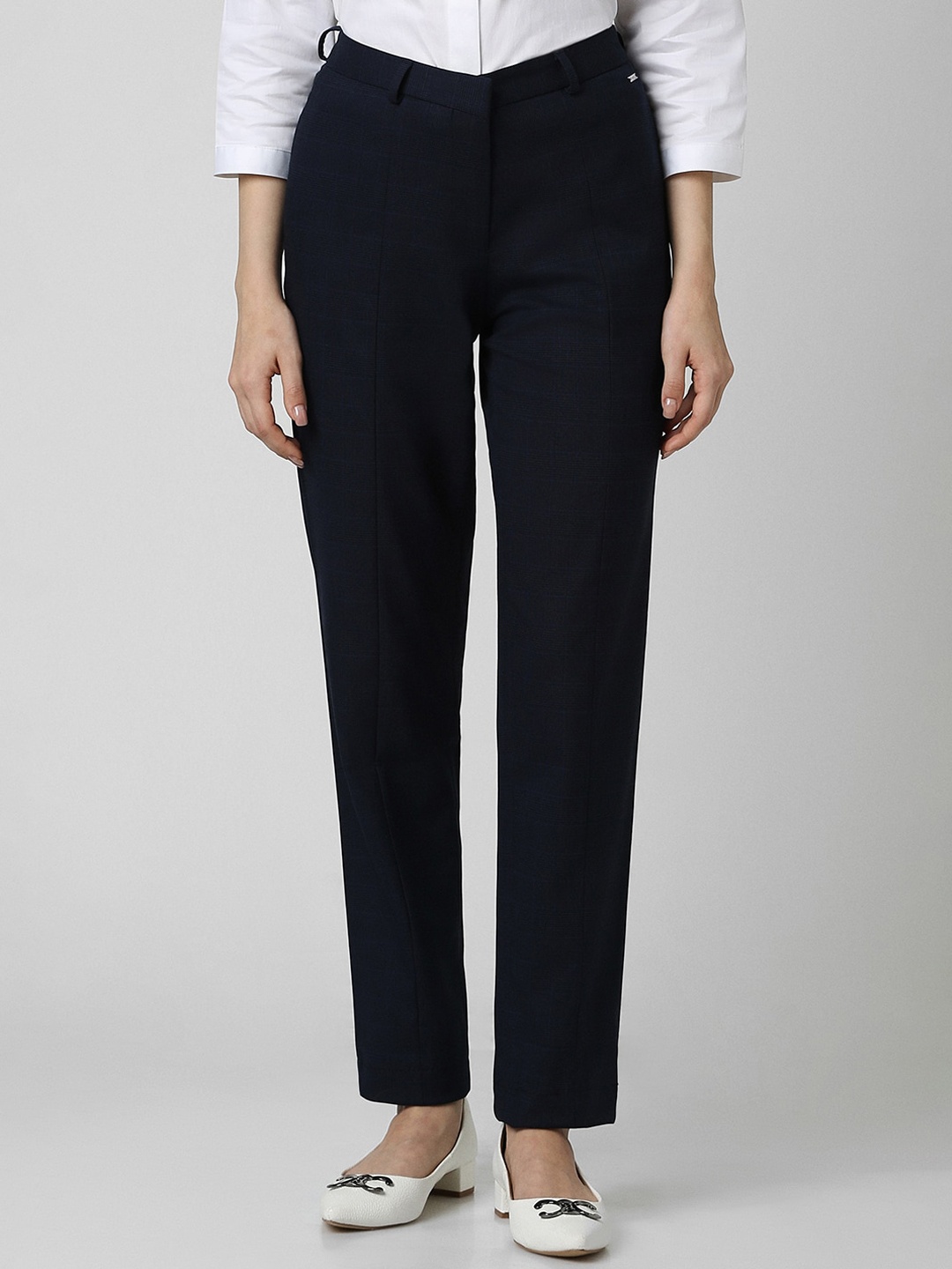 

Van Heusen Woman Checked Mid Rise Formal Trousers, Navy blue