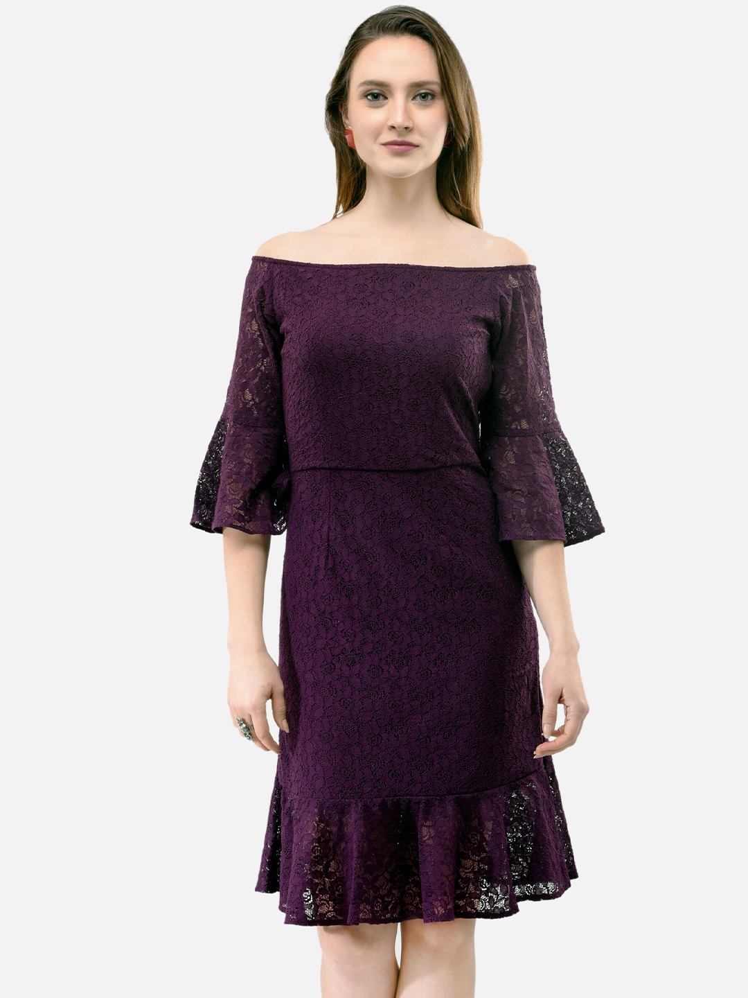 

V&M Off-Shoulder Bell Sleeve Lace Fit & Flare Dress, Purple