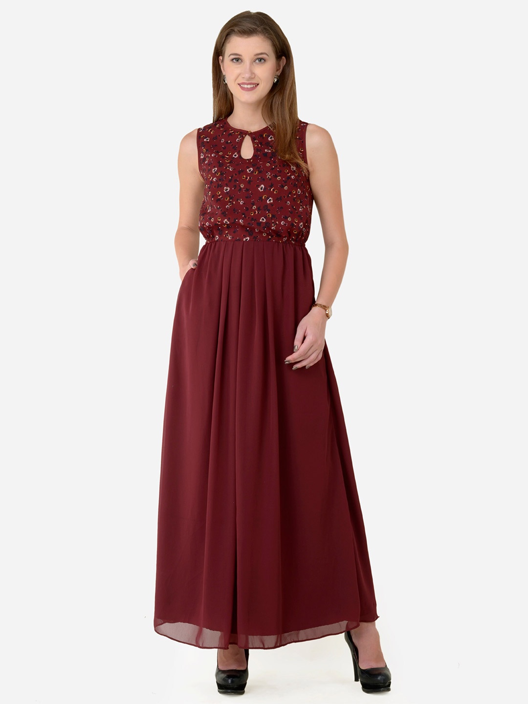 

V&M Keyhole Neck Flared hem Embellished Maxi Dress, Maroon