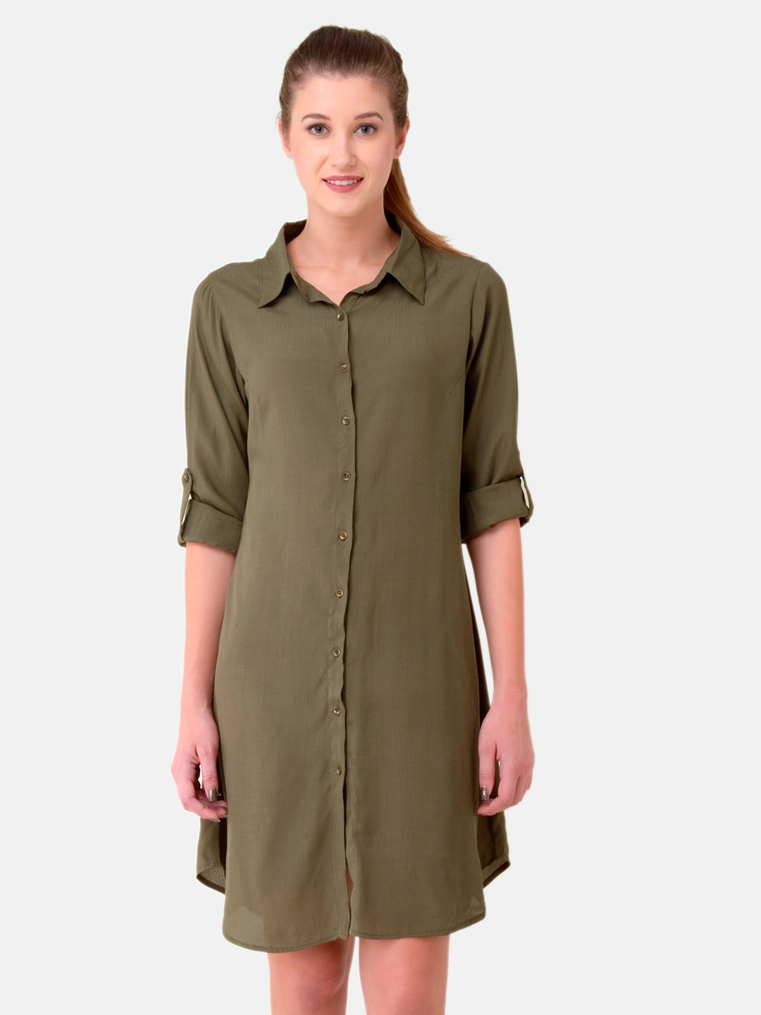 

V&M Shirt Collar Roll-Up Sleeves Shirt Dress, Olive