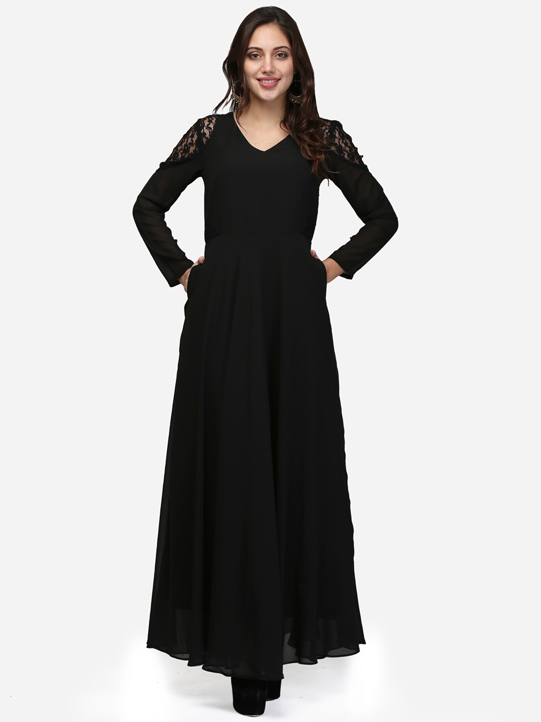 

V&M V-Neck Flared hem detail Maxi Dress, Black