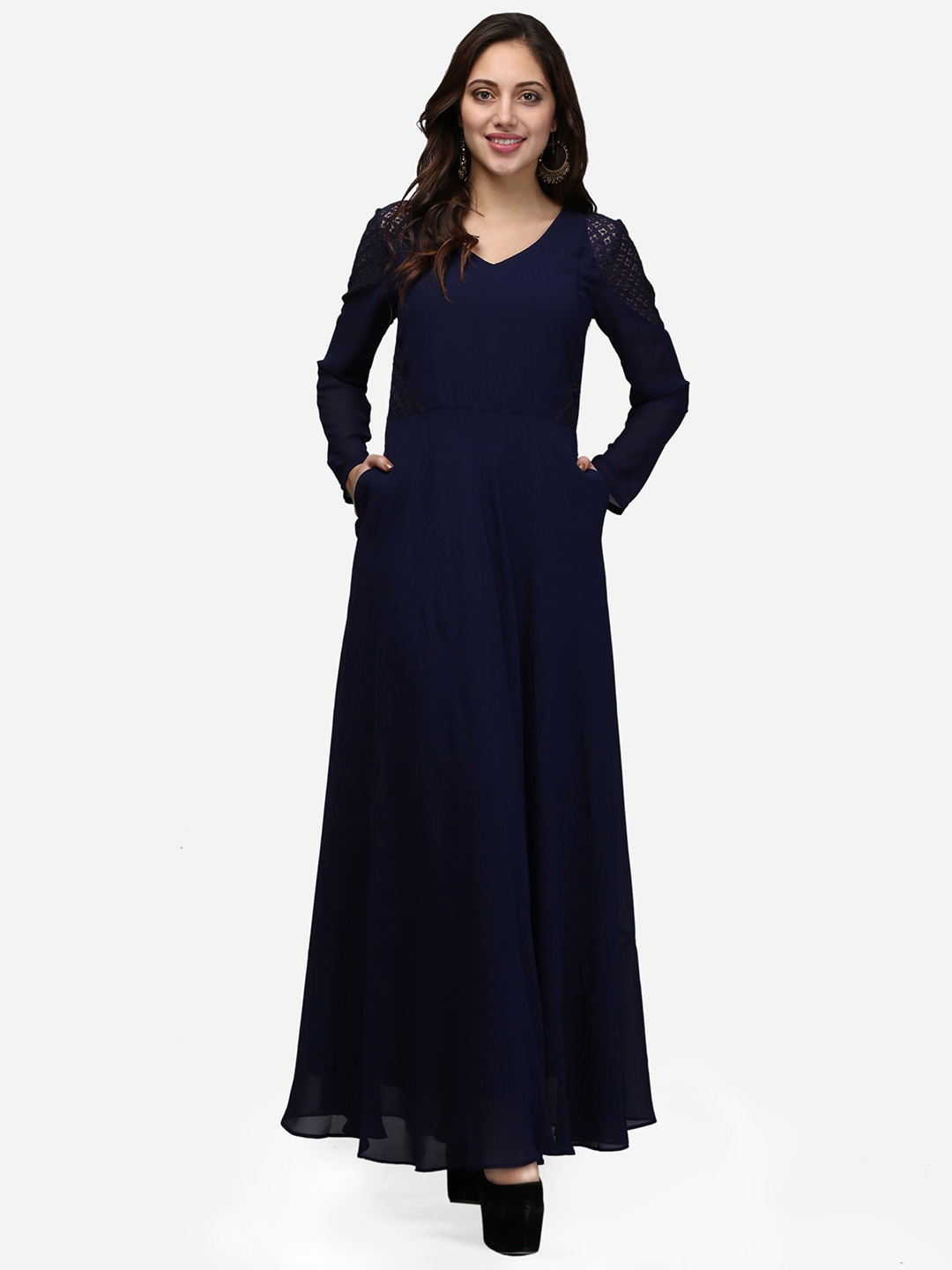 

V&M Solid Full Sleeves V-Neck Maxi Dress, Navy blue