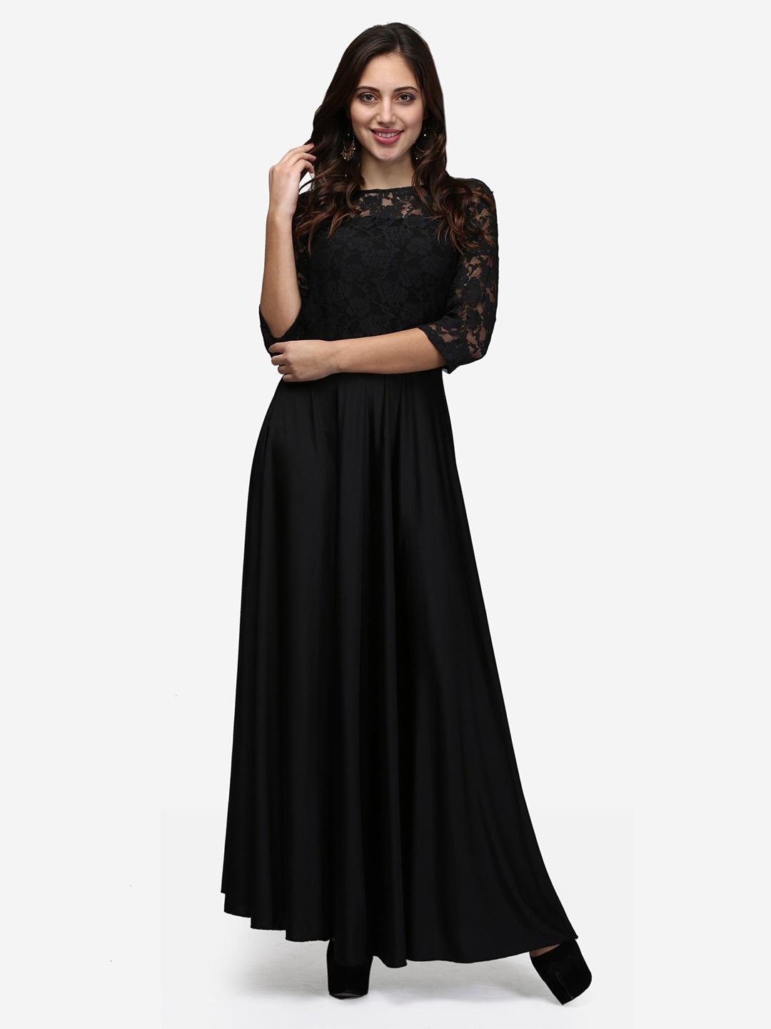 

V&M Boat Neck Gathered or Pleated Knitted flared hem Maxi Dress, Black