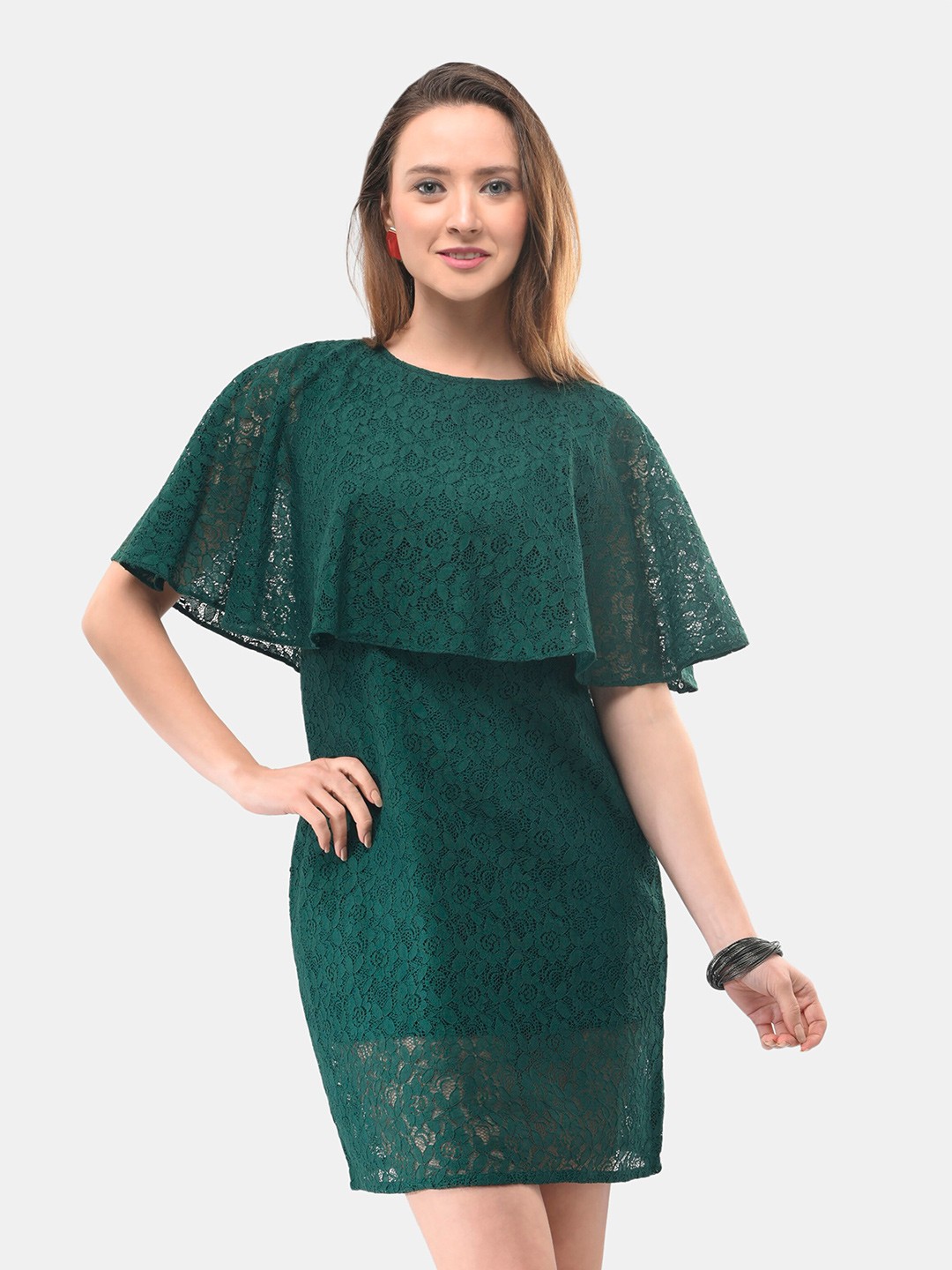 

V&M Cape Sleeve Lace Sheath Dress, Green