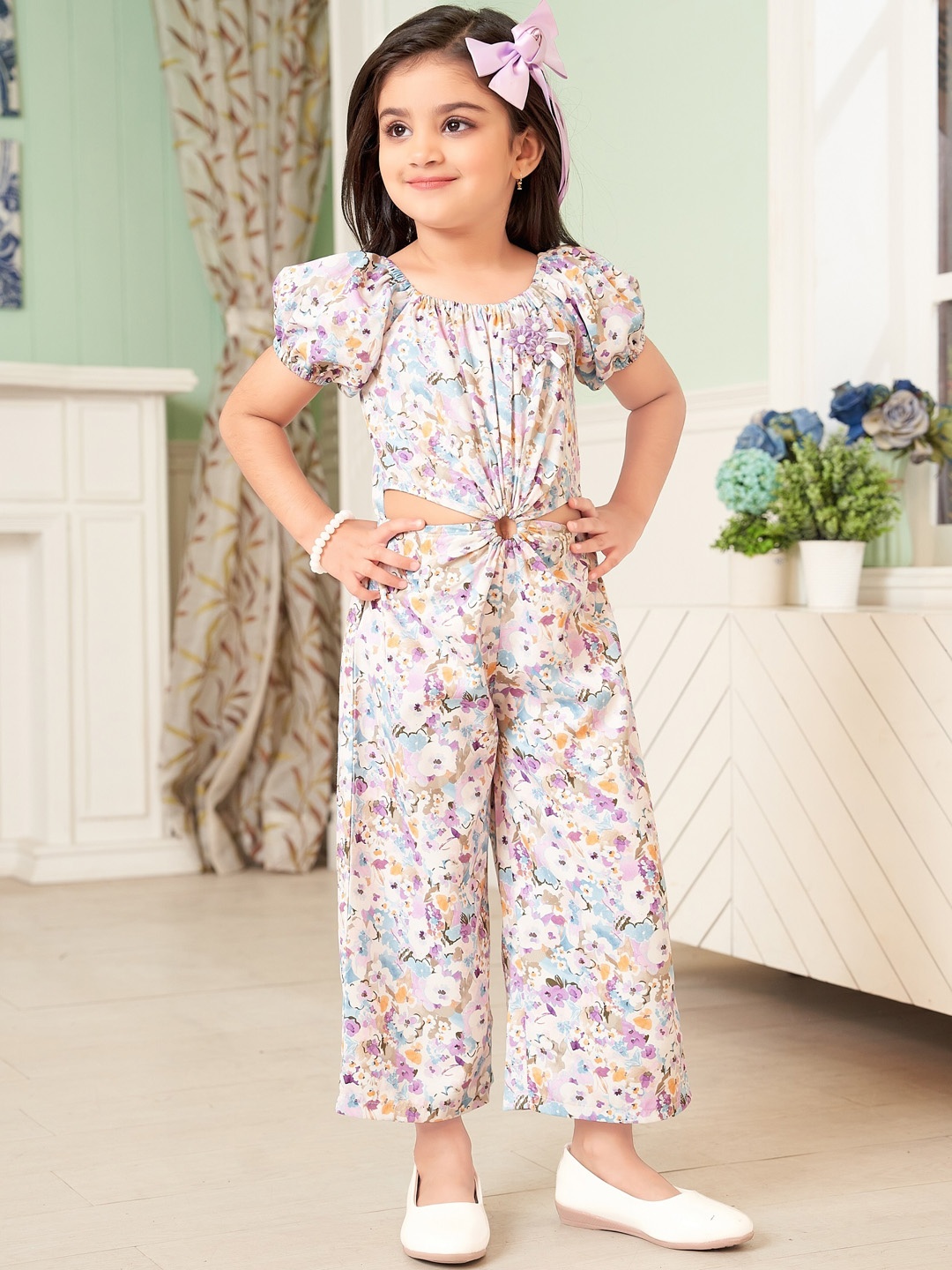 

BAESD Girls Printed Top With Palazzos, White