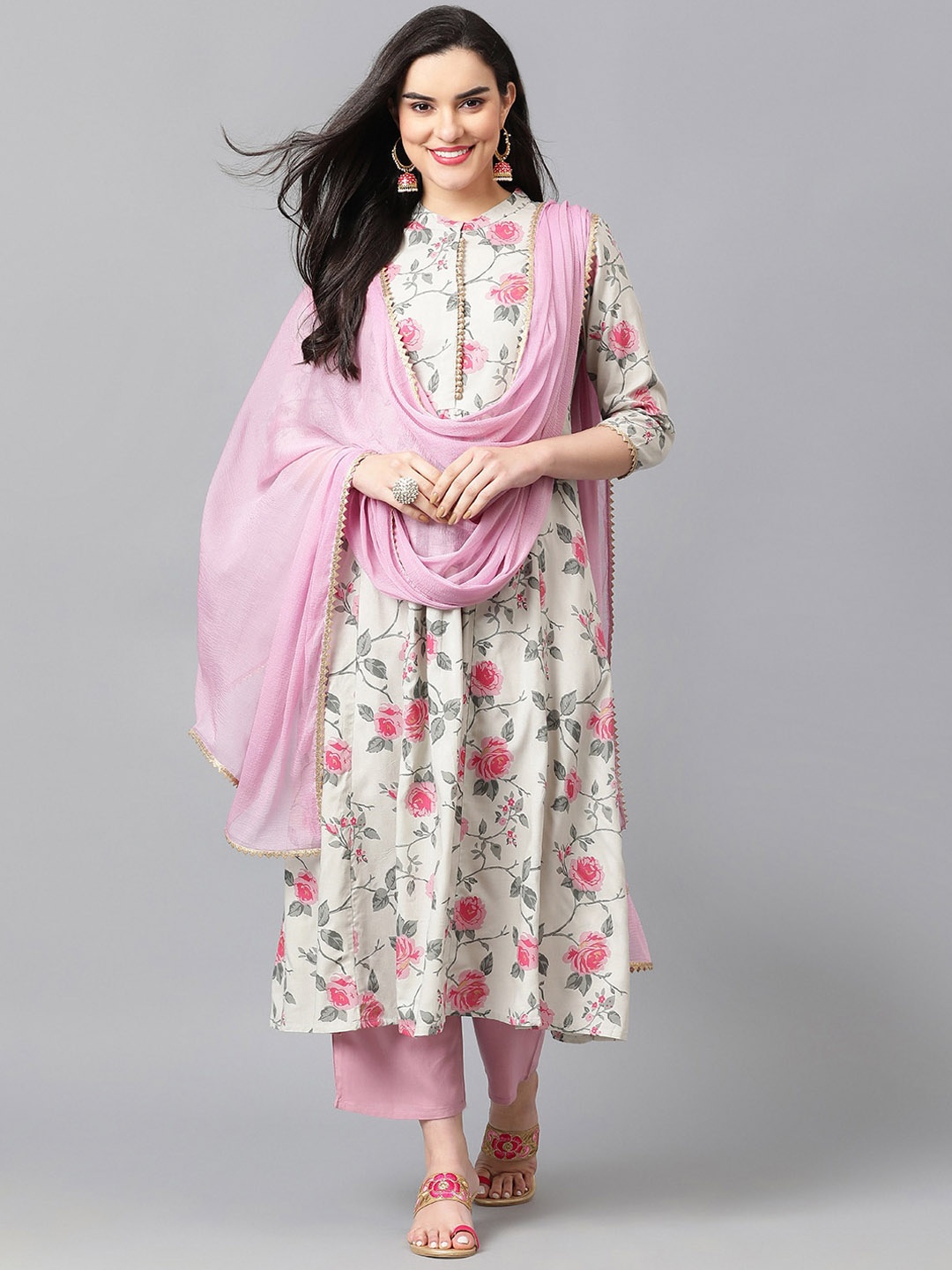 

Khushal K Floral Printed Empire Kurta with Palazzos & With Dupatta, Pink