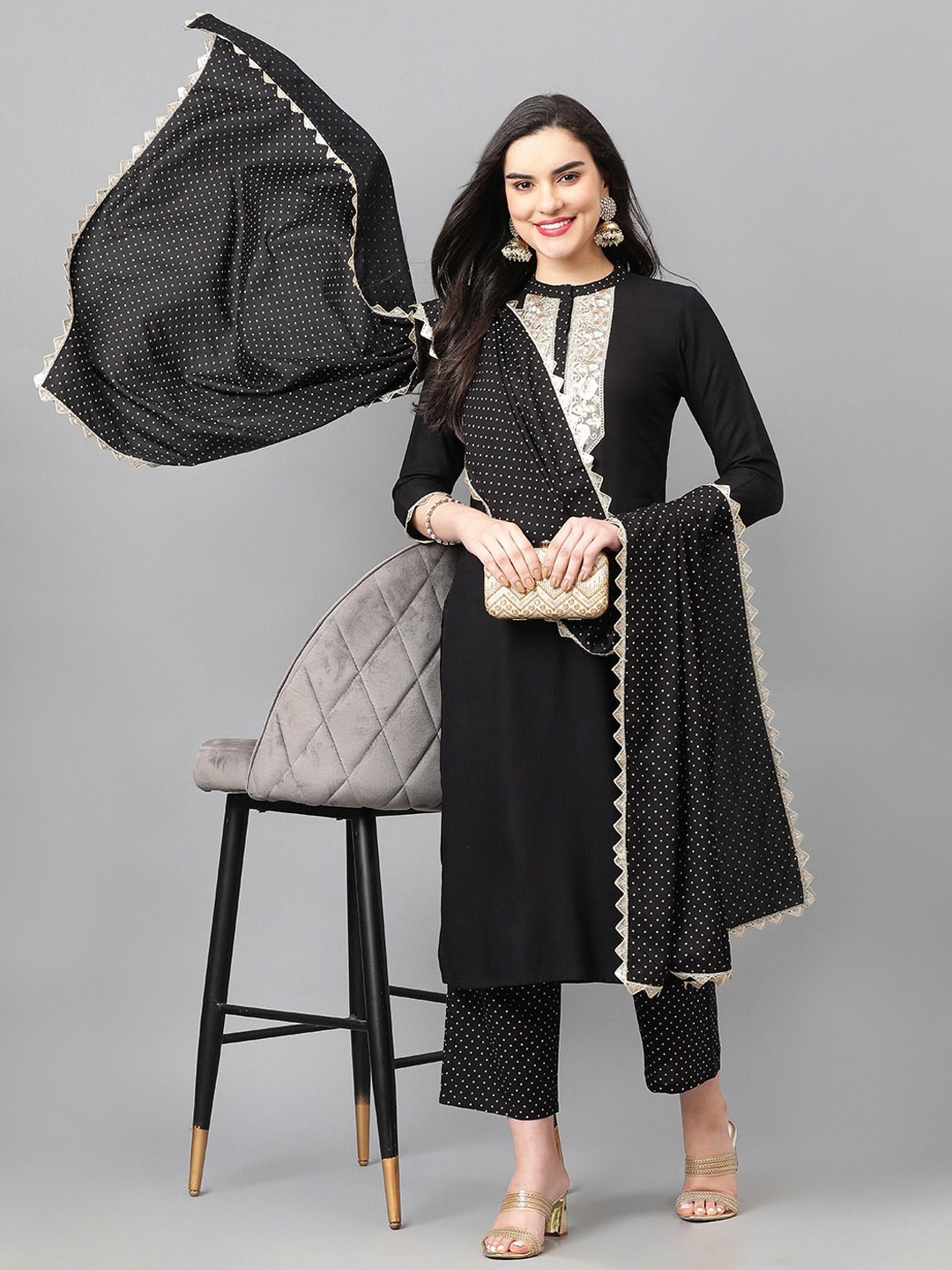 

Khushal K Embroidered Regular Sequinned Kurta with Palazzos & With Dupatta, Black