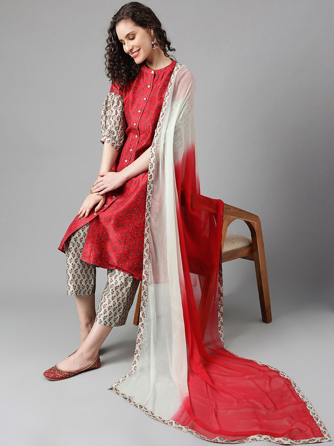 

Khushal K Floral Printed Regular Kurta with Palazzos & With Dupatta, Red