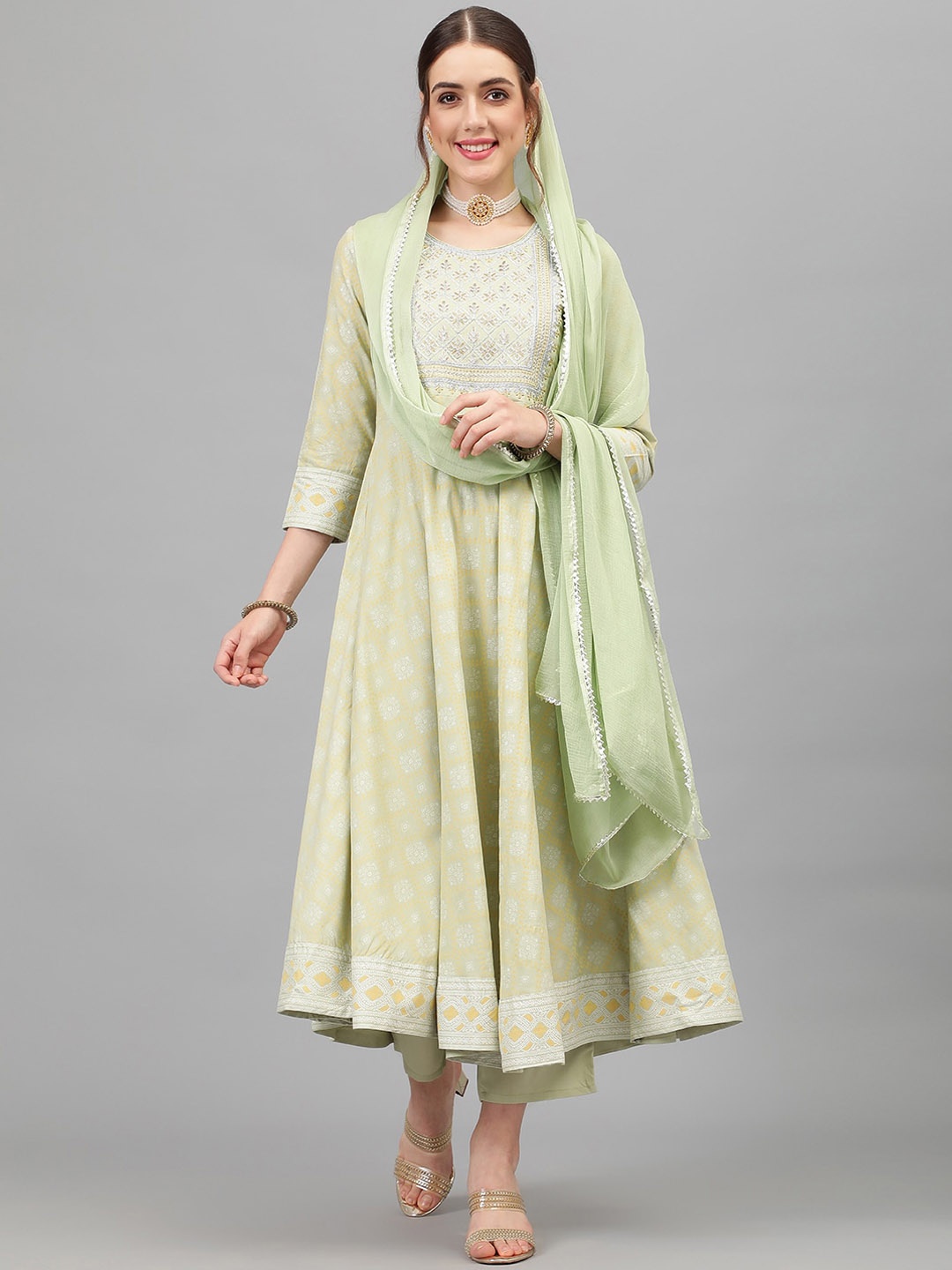 

Khushal K Floral Embroidered Angrakha Kurta with Palazzos & With Dupatta, Green