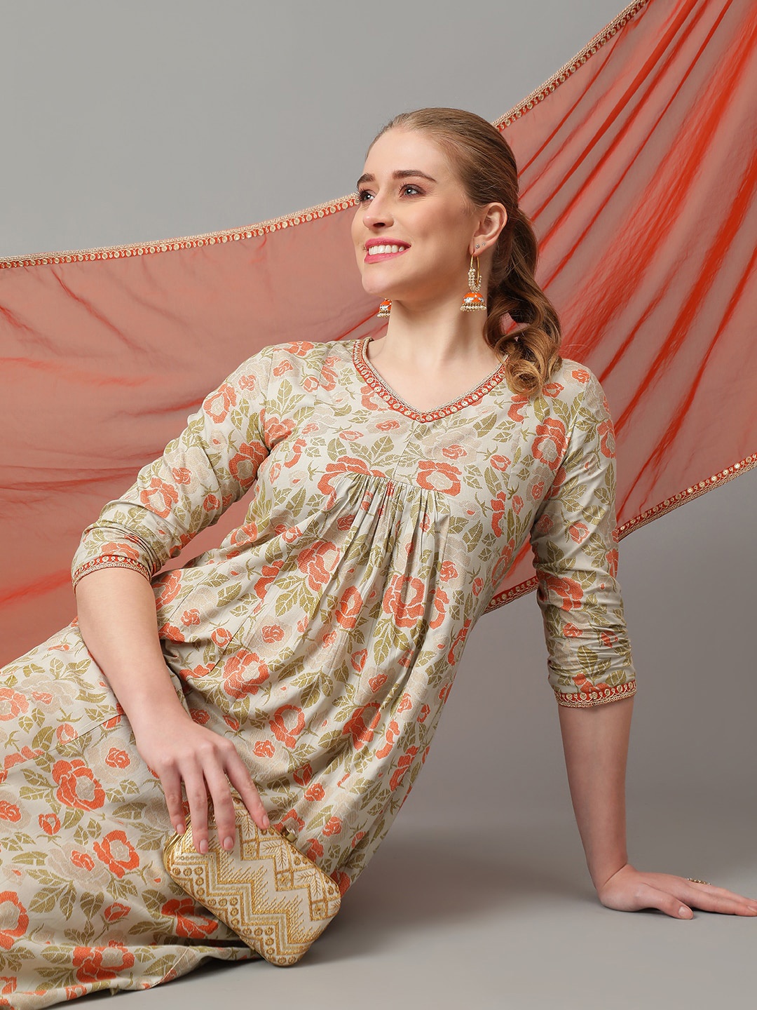 

Khushal K Floral Printed Pleated Kurta with Palazzos & With Dupatta, Orange