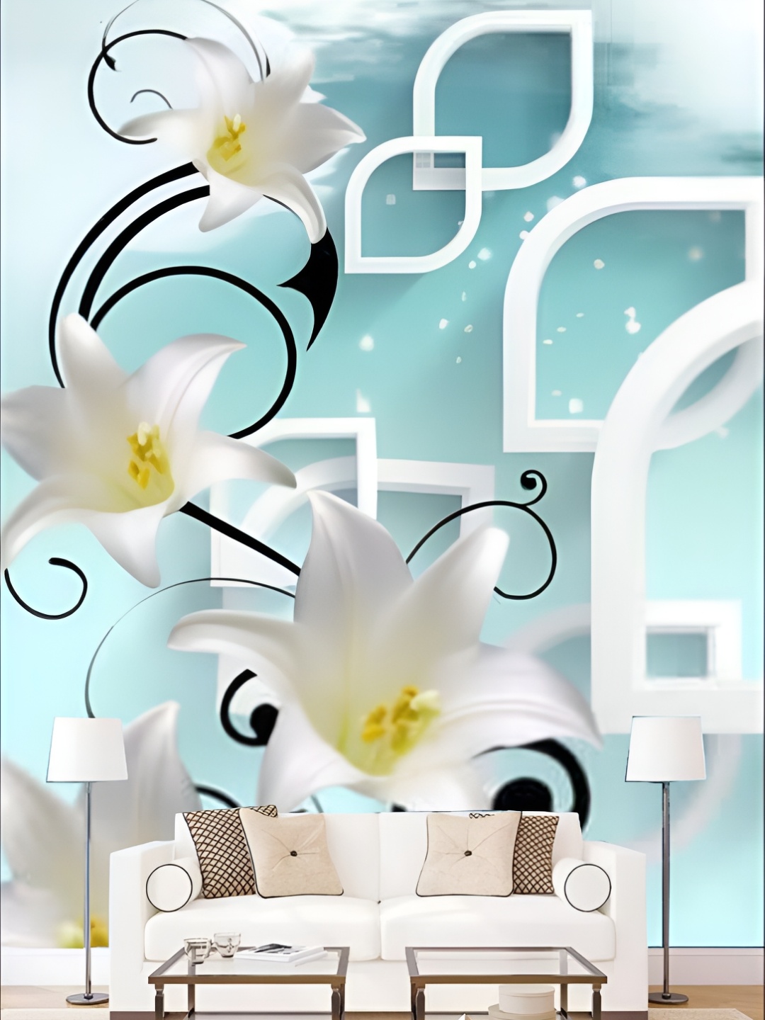 

KSHIRSA White & Blue Floral Printed Self-Adhesive Laminated Wallpaper Sticker