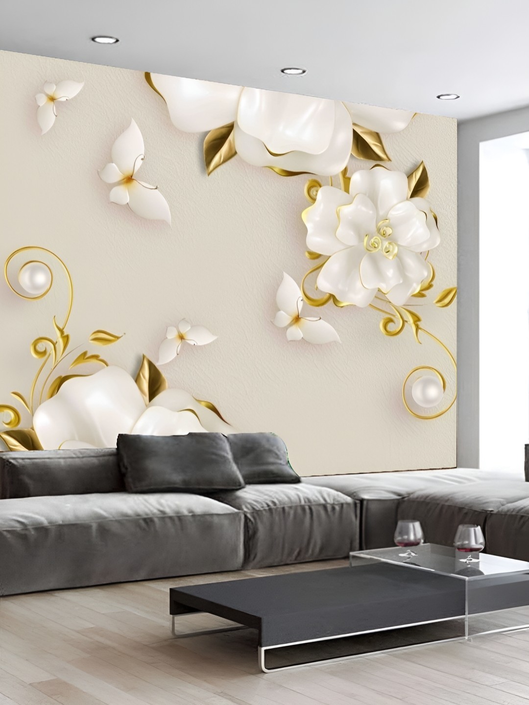 

KSHIRSA White & Cream Colored Floral Printed Self-Adhesive Laminated Wallpaper Sticker