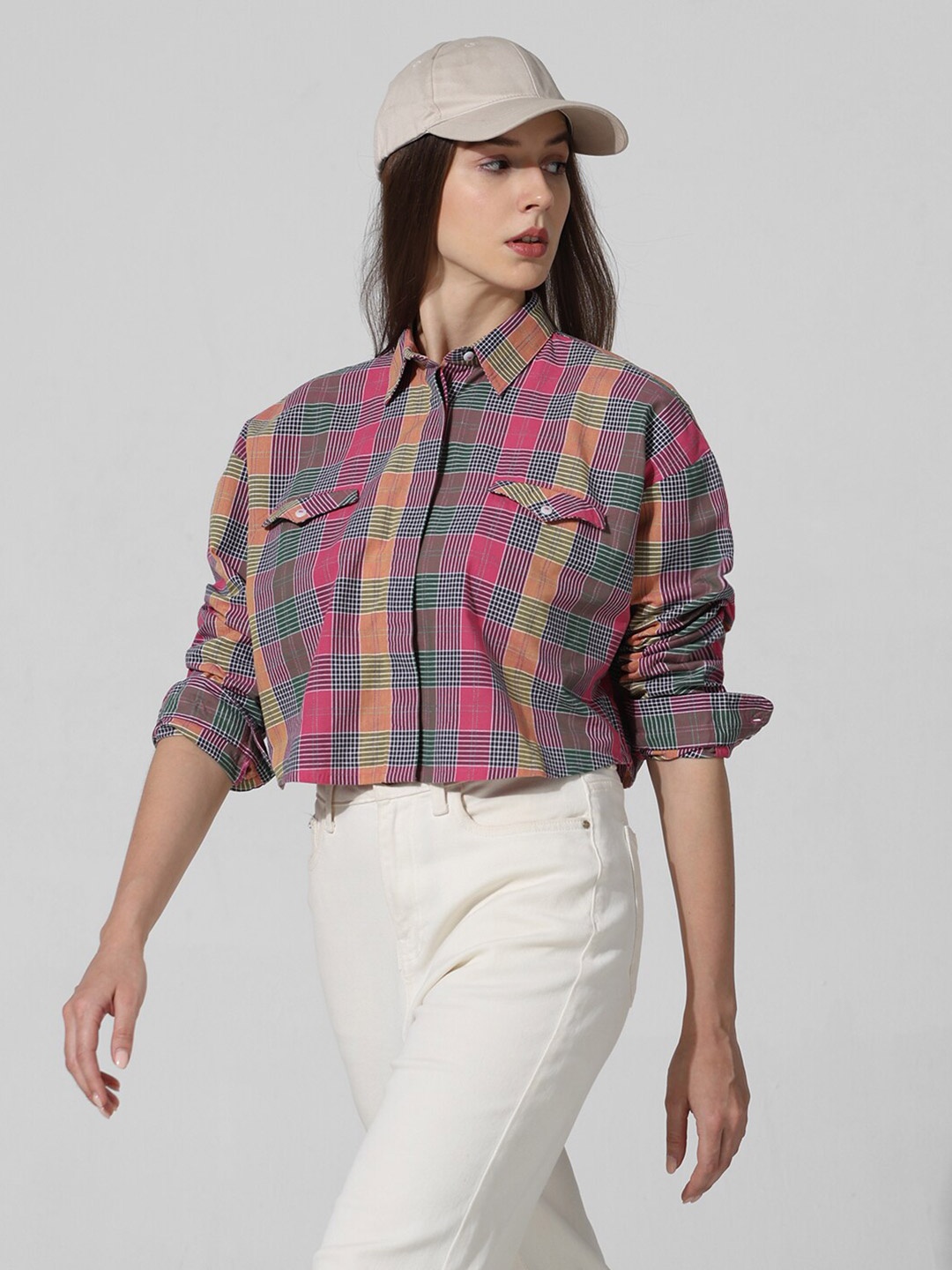 

ONLY Women Tartan Checks Opaque Checked Casual Shirt, Pink