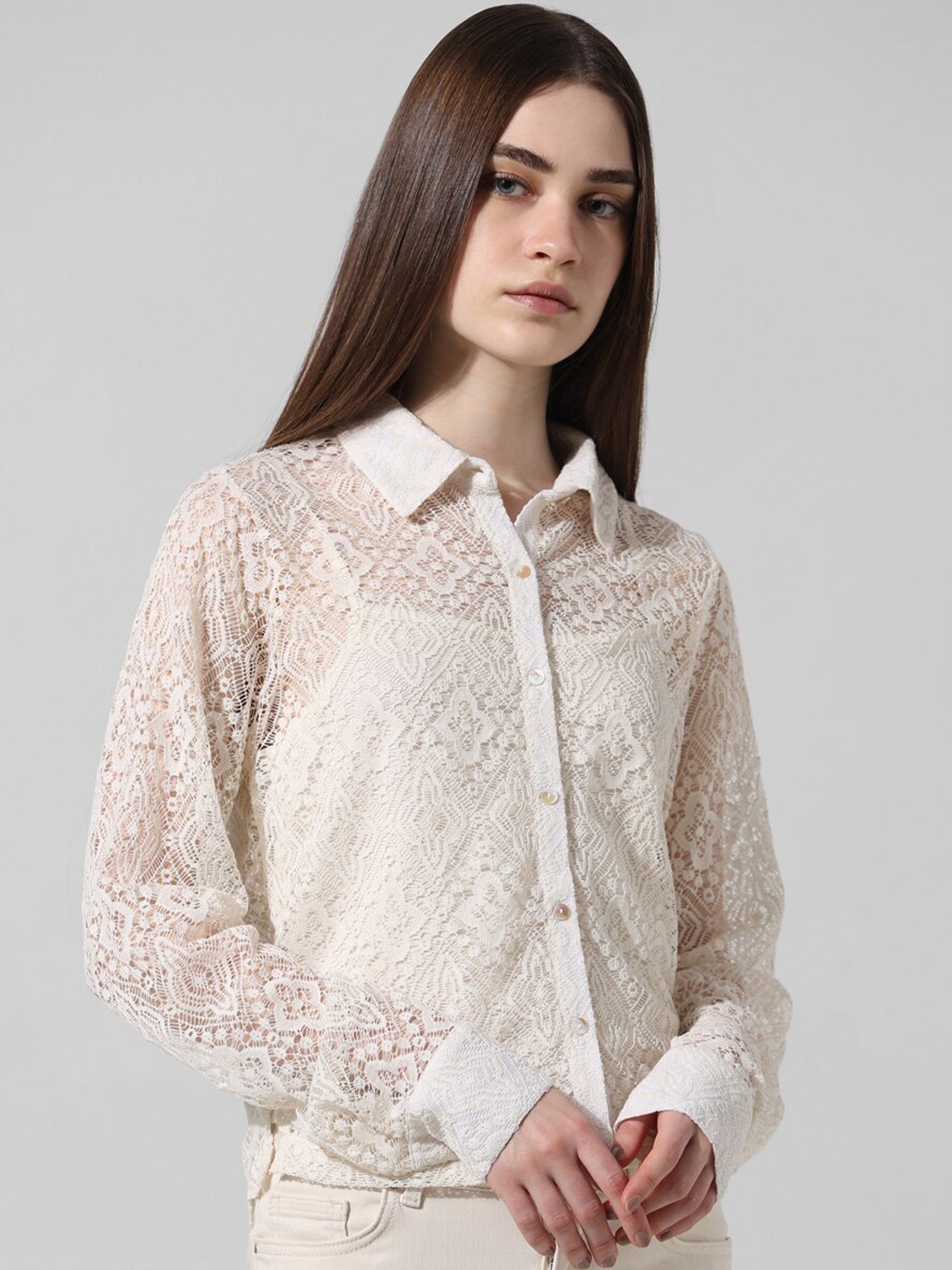 

ONLY Women Opaque Printed Casual Shirt, Cream