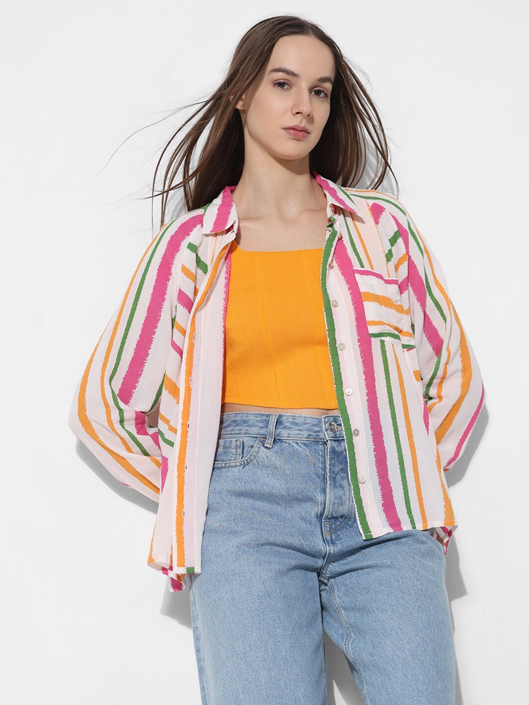 

ONLY Women Multi Stripes Opaque Striped Casual Shirt, White