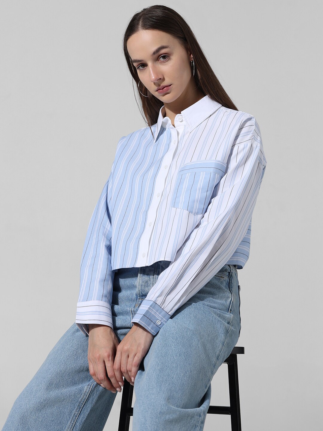 

ONLY Women Boxy Opaque Striped Casual Shirt, White