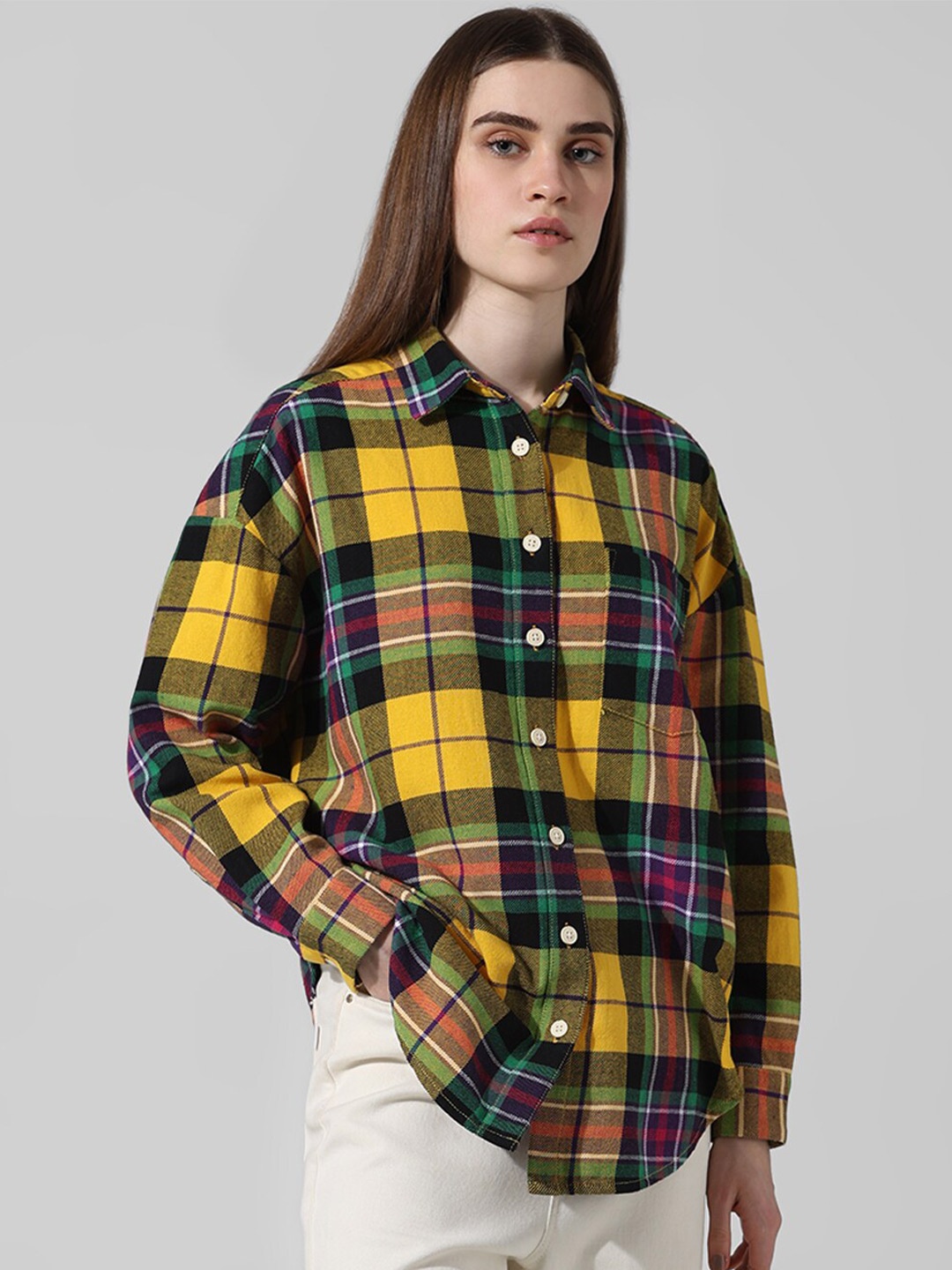

ONLY Women Opaque Checked Casual Shirt, Yellow