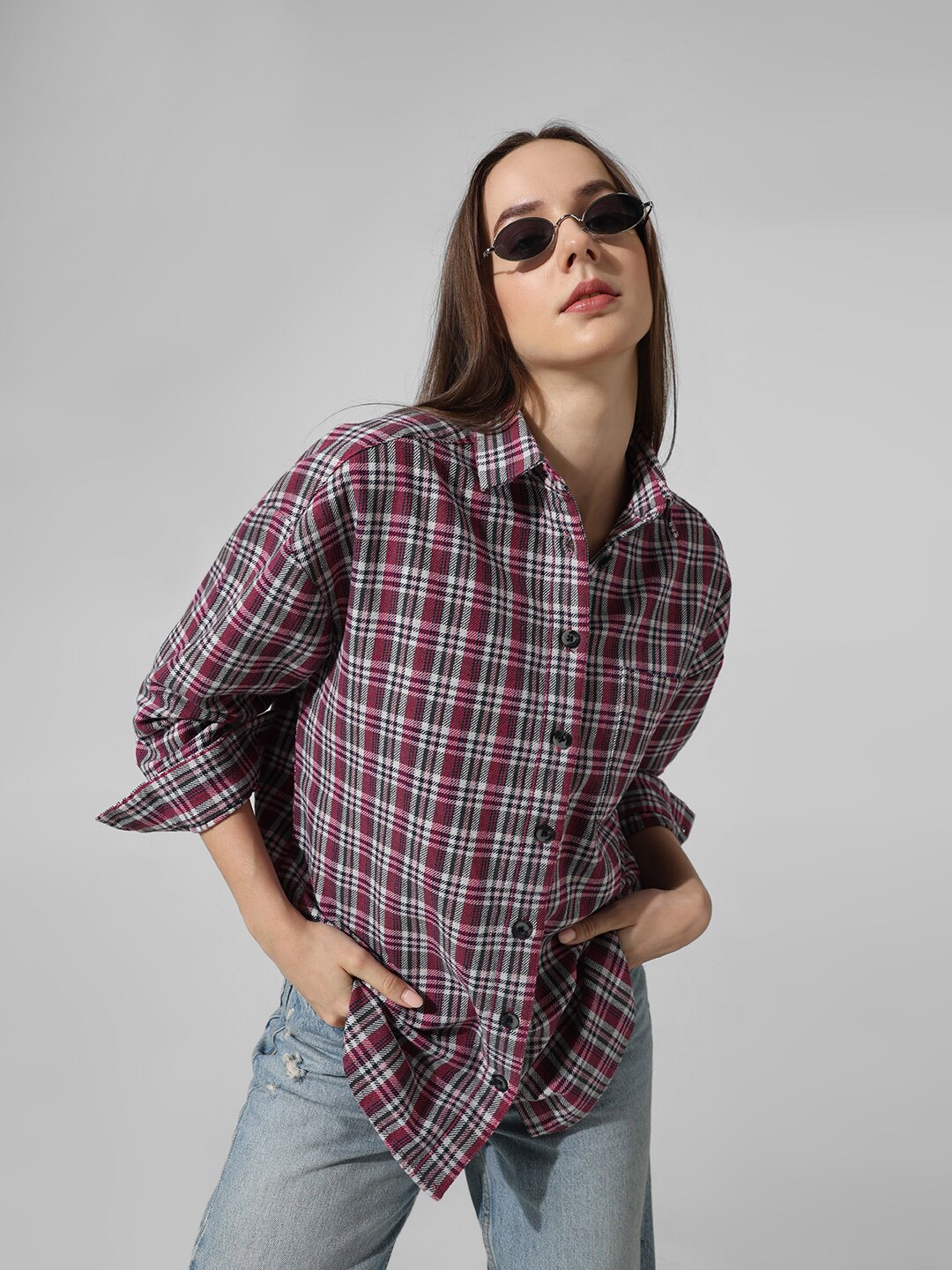 

ONLY Women Tartan Checks Opaque Checked Casual Shirt, Pink